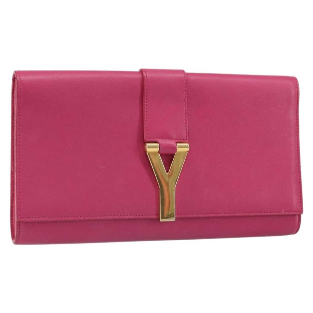 Pink Leather Clutch Y Line by Saint Laurent Gold Accent Model 311213: Pink Leather Clutch Y Line by Saint Laurent Gold Accent Model 311213 This SAINT LAURENT Y Line clutch bag features a sleek leather exterior in pink and gold tones. Designed in a compact silhouette, it