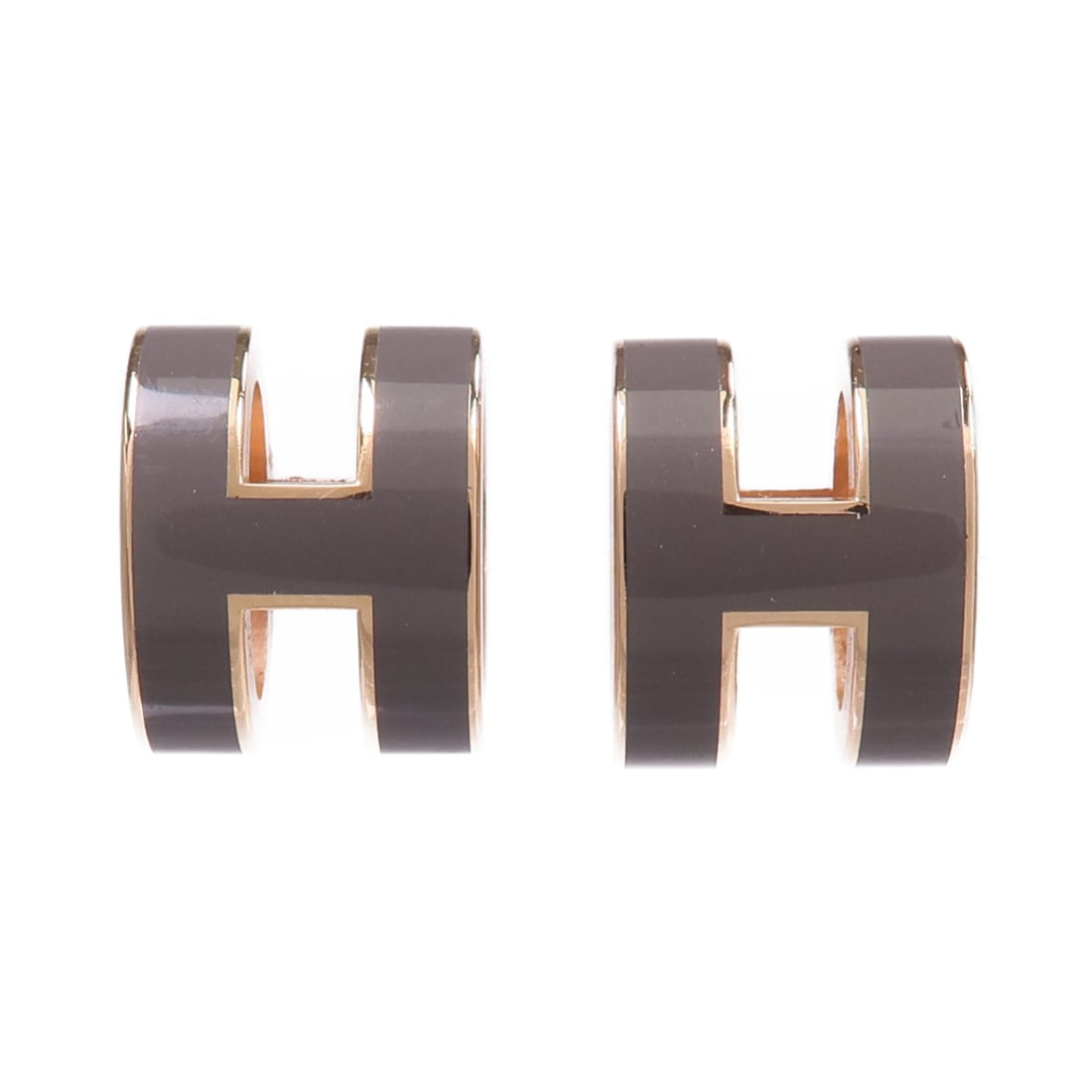 Hermes Pop H Gold Tone Gray Metal Pierced Earrings: Hermes Pop H Gold Tone Gray Metal Pierced Earrings These HERMES Pop H pierced earrings feature a gold tone metal finish with gray accents. Designed without stones, they provide a modern and refined lo