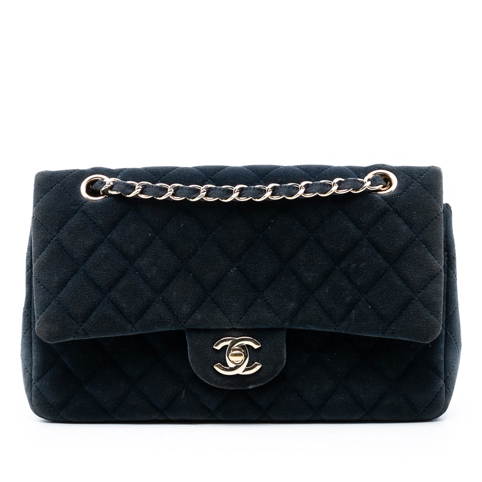 Blue Velvet Shoulder Bag by Chanel Medium Classic Double Flap: Blue Velvet Shoulder Bag by Chanel Medium Classic Double Flap This Chanel Medium Classic Velvet Double Flap shoulder bag features a quilted velvet body in blue, fabric-woven chain straps, double front