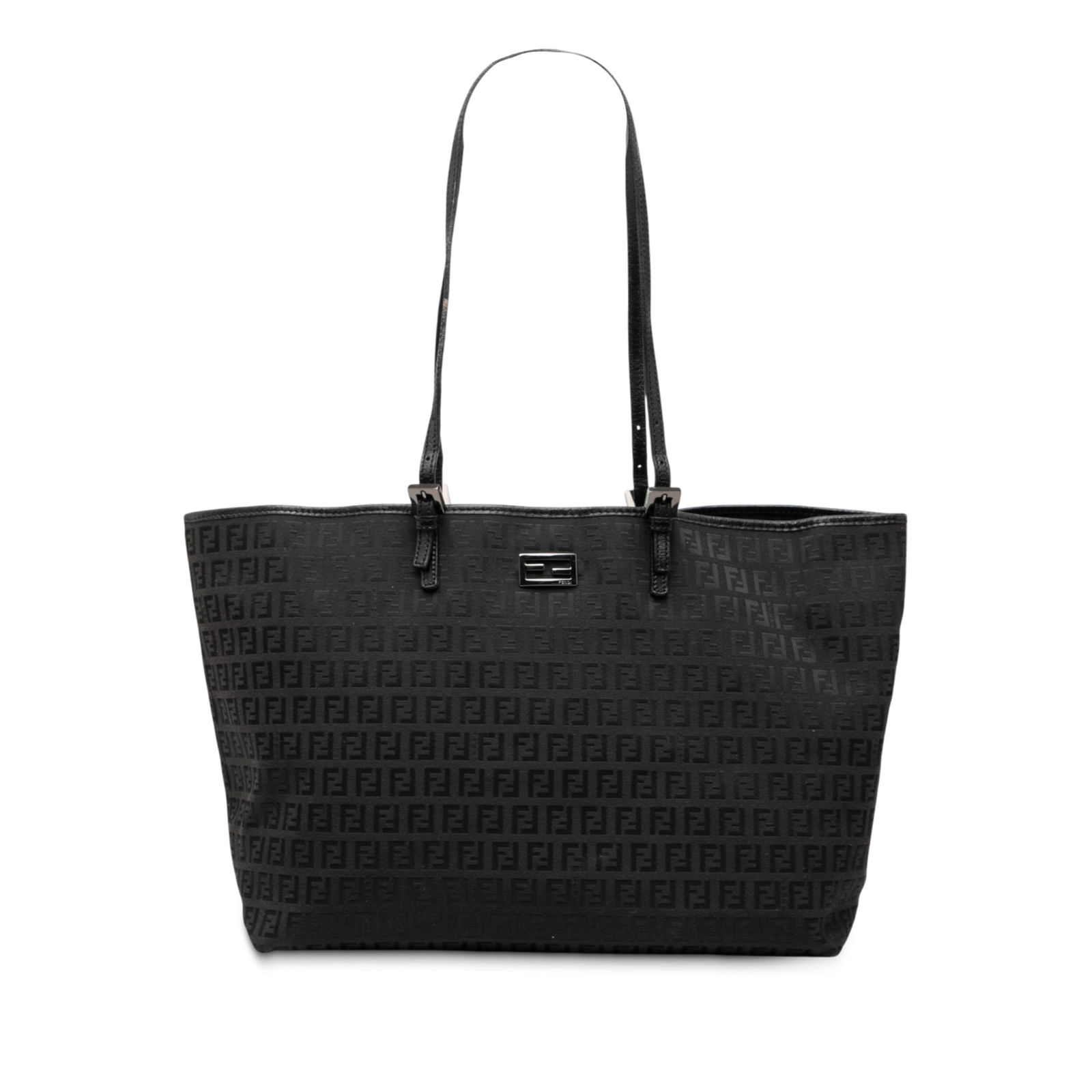 Fendi Zucchino Pattern Black Canvas Large Tote Bag with Leather Trim: Fendi Zucchino Pattern Black Canvas Large Tote Bag with Leather Trim This Fendi Large Zucchino Canvas Tote features a fabric body with leather trim, flat leather straps, an open top with magnetic clos