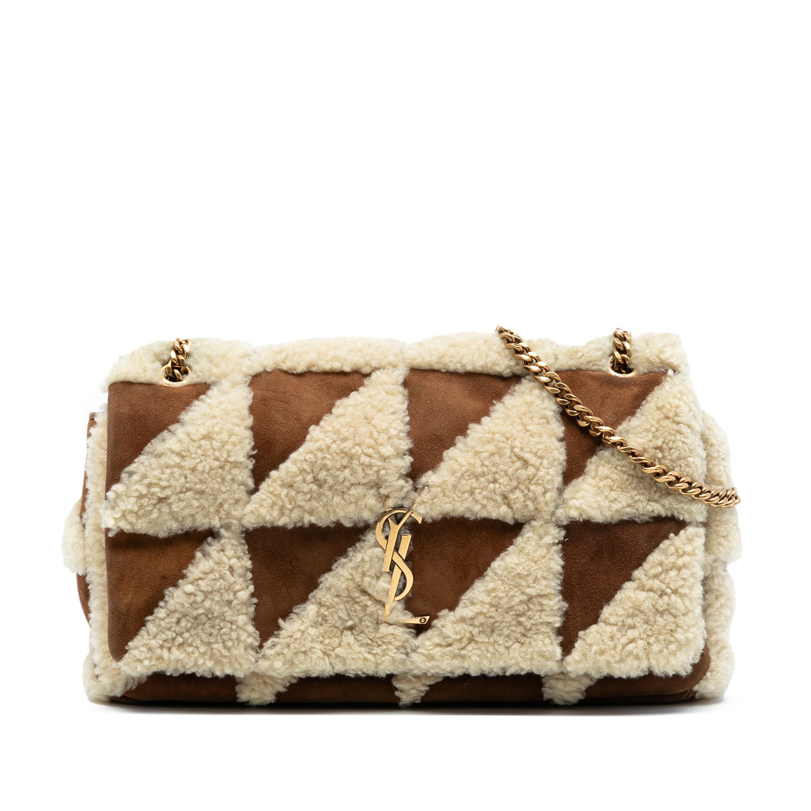 Brown Patchwork Jamie Shoulder Bag by Saint Laurent in Suede and Shearling: Brown Patchwork Jamie Shoulder Bag by Saint Laurent in Suede and Shearling This Saint Laurent Medium Suede and Shearling Patchwork Jamie Shoulder Bag features a brown suede and fur patchwork exterior,