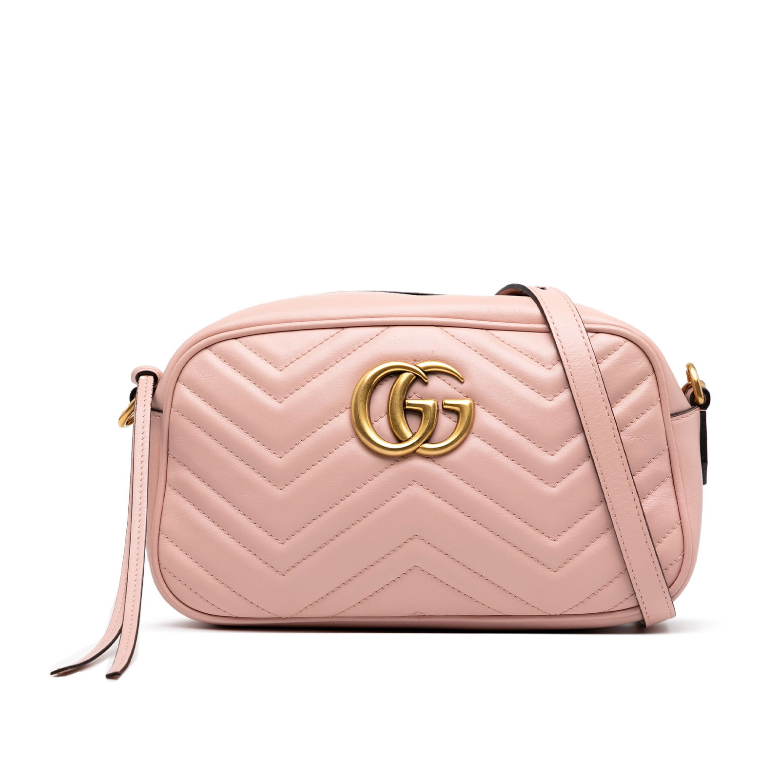 Gucci Small GG Marmont Pink Leather Crossbody Bag: Gucci Small GG Marmont Pink Leather Crossbody Bag The Gucci Small GG Marmont Matelasse Leather Crossbody is a stylish accessory crafted from quilted leather in a charming pink hue. It features a curb