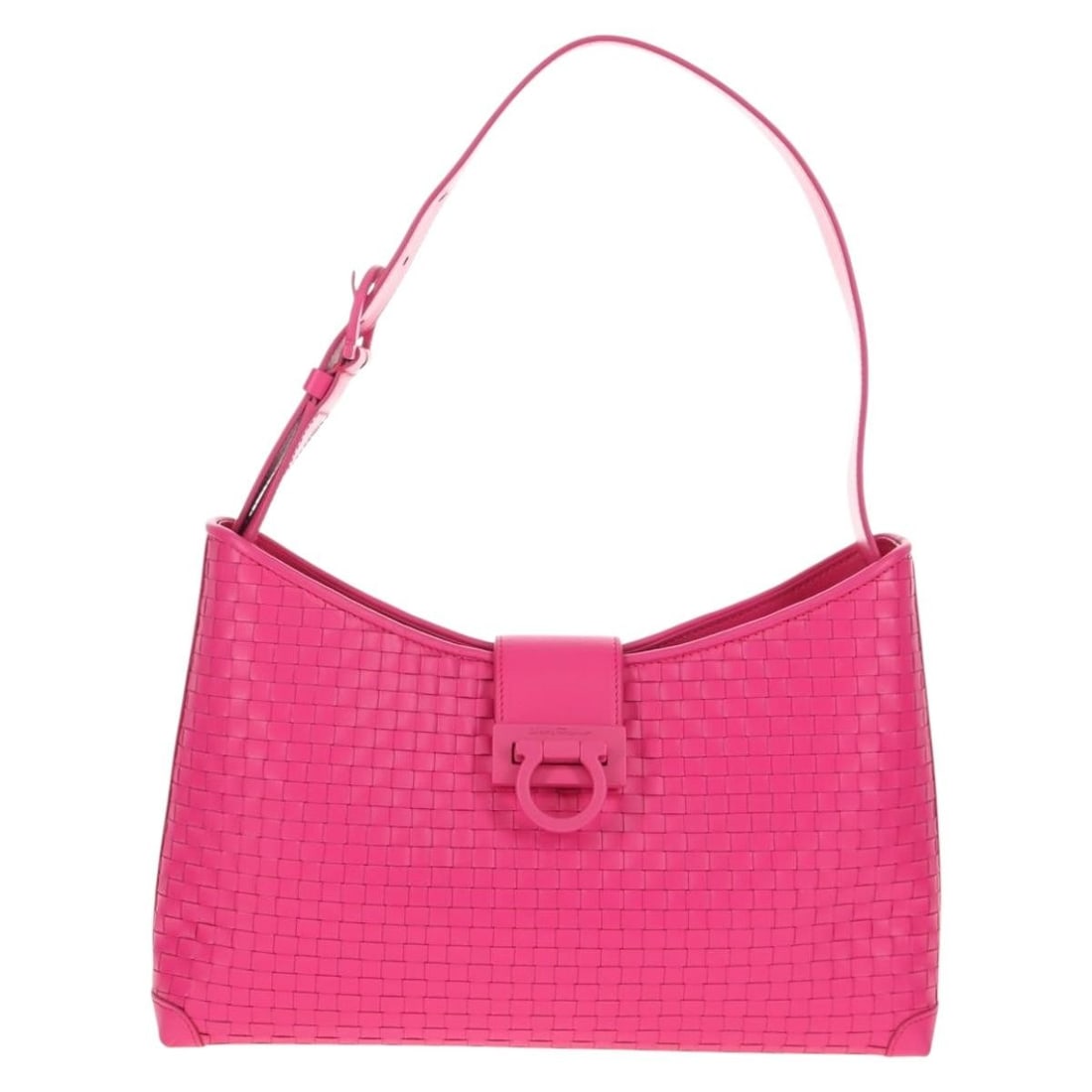 Pink Leather Gancini Shoulder Bag by Salvatore Ferragamo: Pink Leather Gancini Shoulder Bag by Salvatore Ferragamo This Salvatore Ferragamo Gancini shoulder bag is crafted from pink leather and designed for women. The bag features a structured silhouette wit