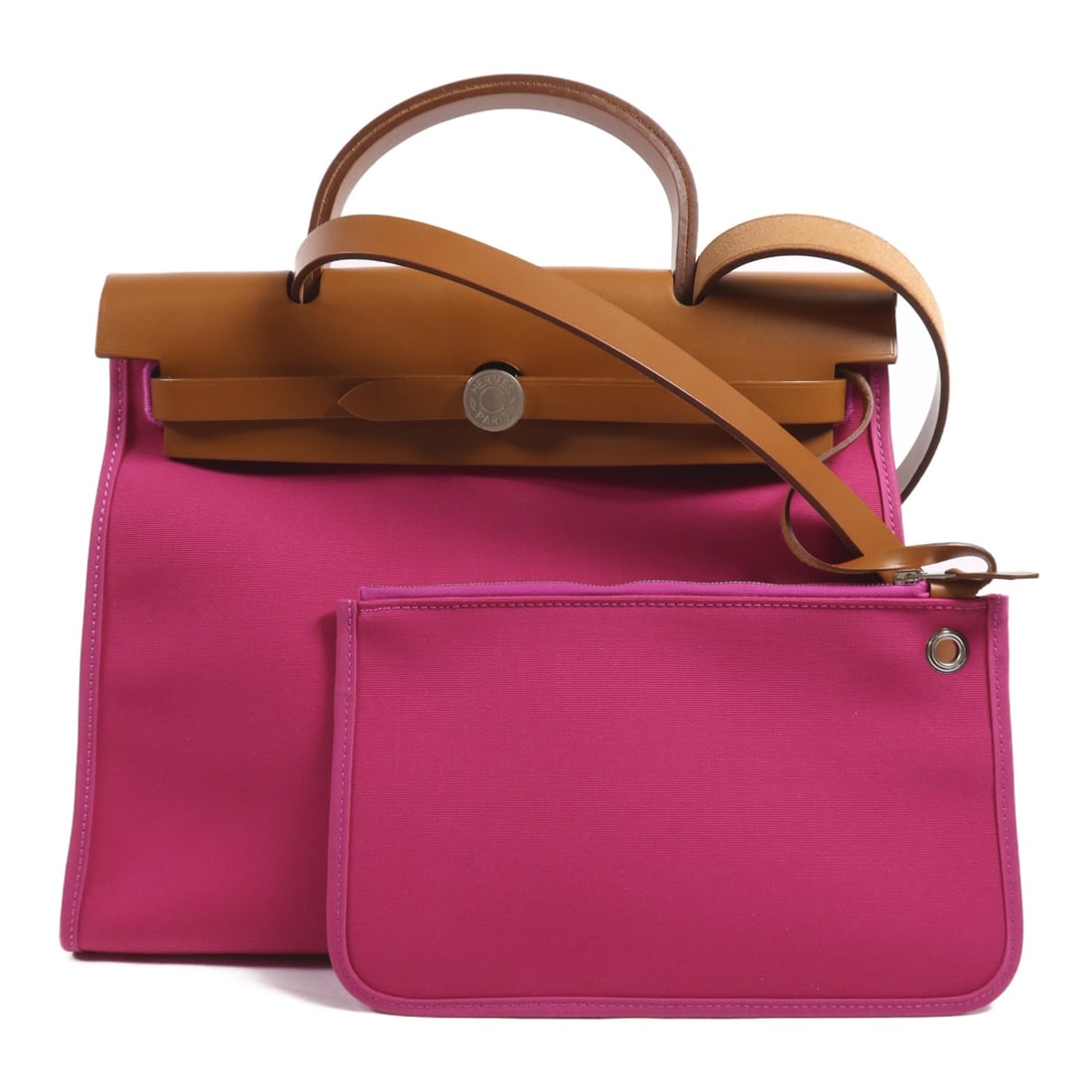 HERMES Herbag PM 2 Way Shoulder Bag Canvas Pink Brown: HERMES Herbag PM 2 Way Shoulder Bag Canvas Pink Brown Elevate your style with this exquisite HERMES Herbag PM 2 Way Shoulder Bag. Crafted from durable canvas, this handbag features a charming pink ext