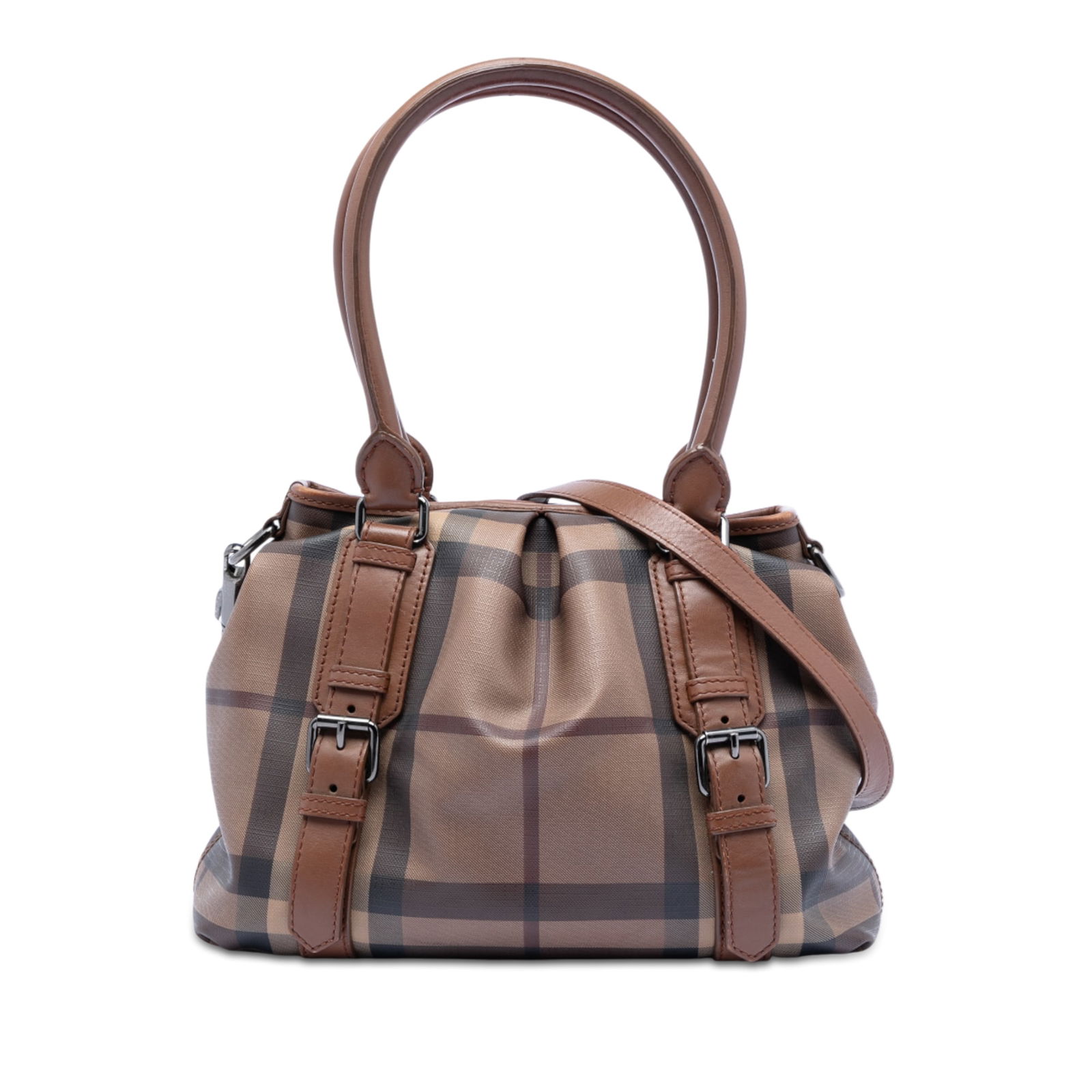 Burberry Northfield Satchel in Plaid Coated Canvas with Leather Trim: Burberry Northfield Satchel in Plaid Coated Canvas with Leather Trim This Burberry Northfield satchel features the signature Smoke Check plaid coated canvas with leather trim and buckle accents. It is