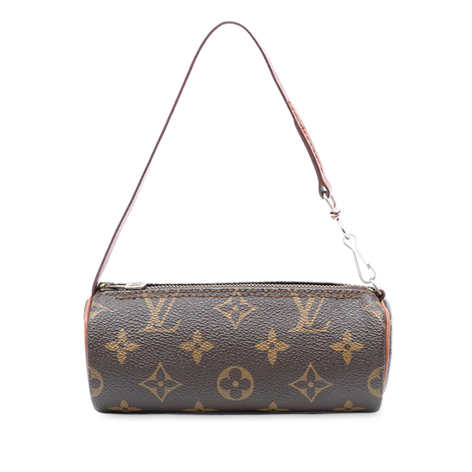 Monogram Canvas Papillon Pochette Bag by Louis Vuitton with Leather Trim: Monogram Canvas Papillon Pochette Bag by Louis Vuitton with Leather Trim The Louis Vuitton Monogram Papillon Pochette features a classic monogram canvas body with leather trim, a detachable leather st