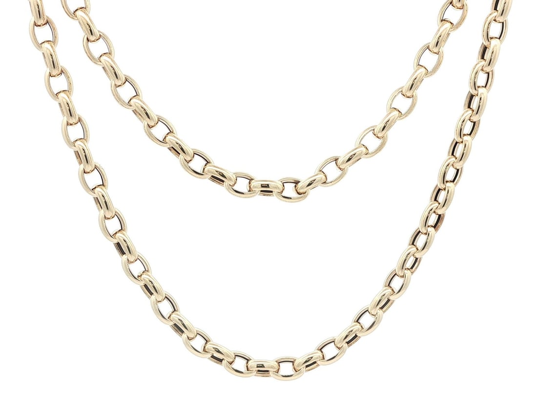 Italian 14k Yellow Gold Rolo Link Necklace 18 Inch Lobster Clasp: Italian 14k Yellow Gold Rolo Link Necklace 18 Inch Lobster Clasp This un-used Italian necklace features a classic rolo oval link chain crafted from solid 14k yellow gold. Measuring 18 inches in length