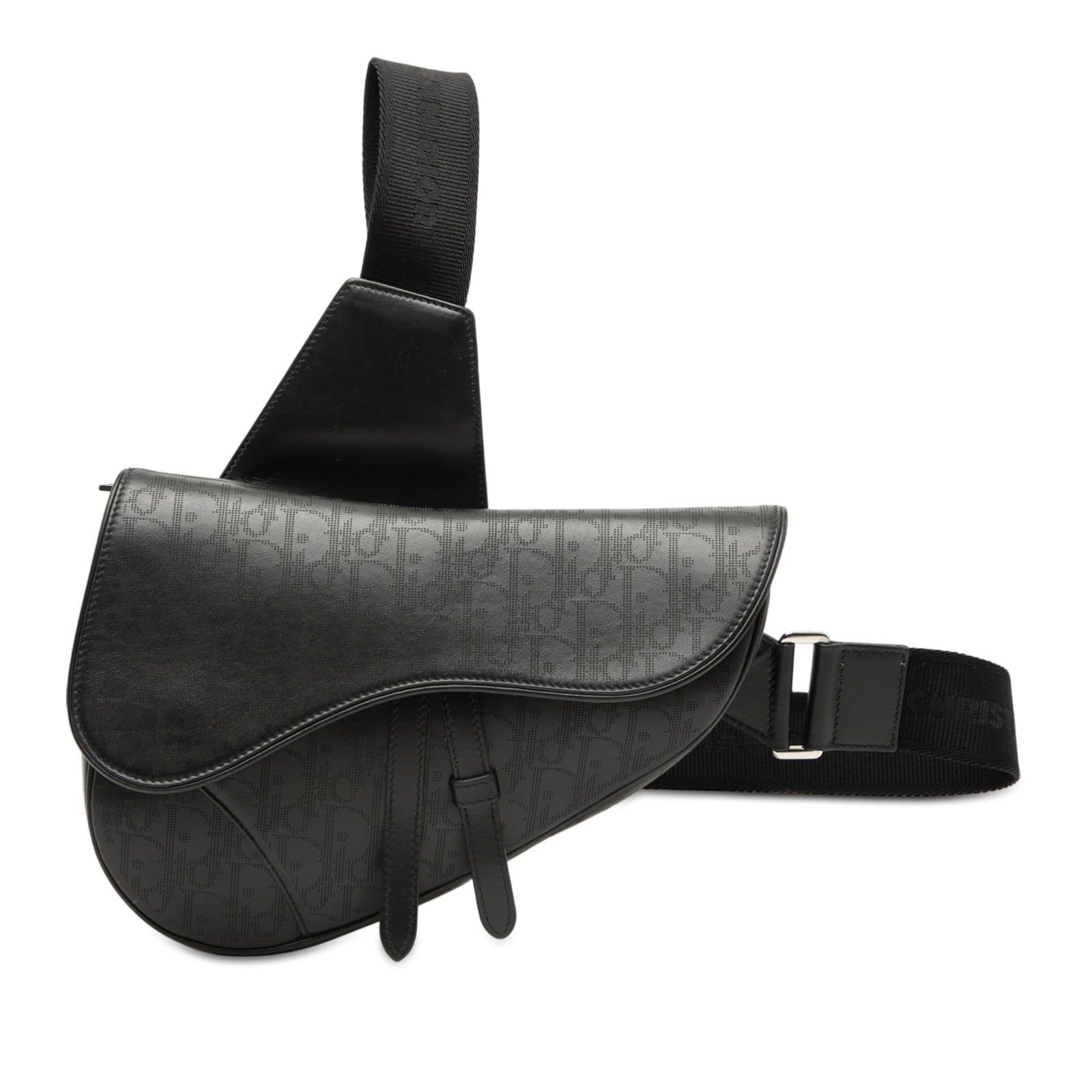 Dior Saddle Bag Oblique Perforated Leather Galaxy Crossbody Black: Dior Saddle Bag Oblique Perforated Leather Galaxy Crossbody Black The Dior Oblique Perforated Calfskin Galaxy Saddle Bag is a black crossbody bag crafted from leather, featuring an adjustable flat str