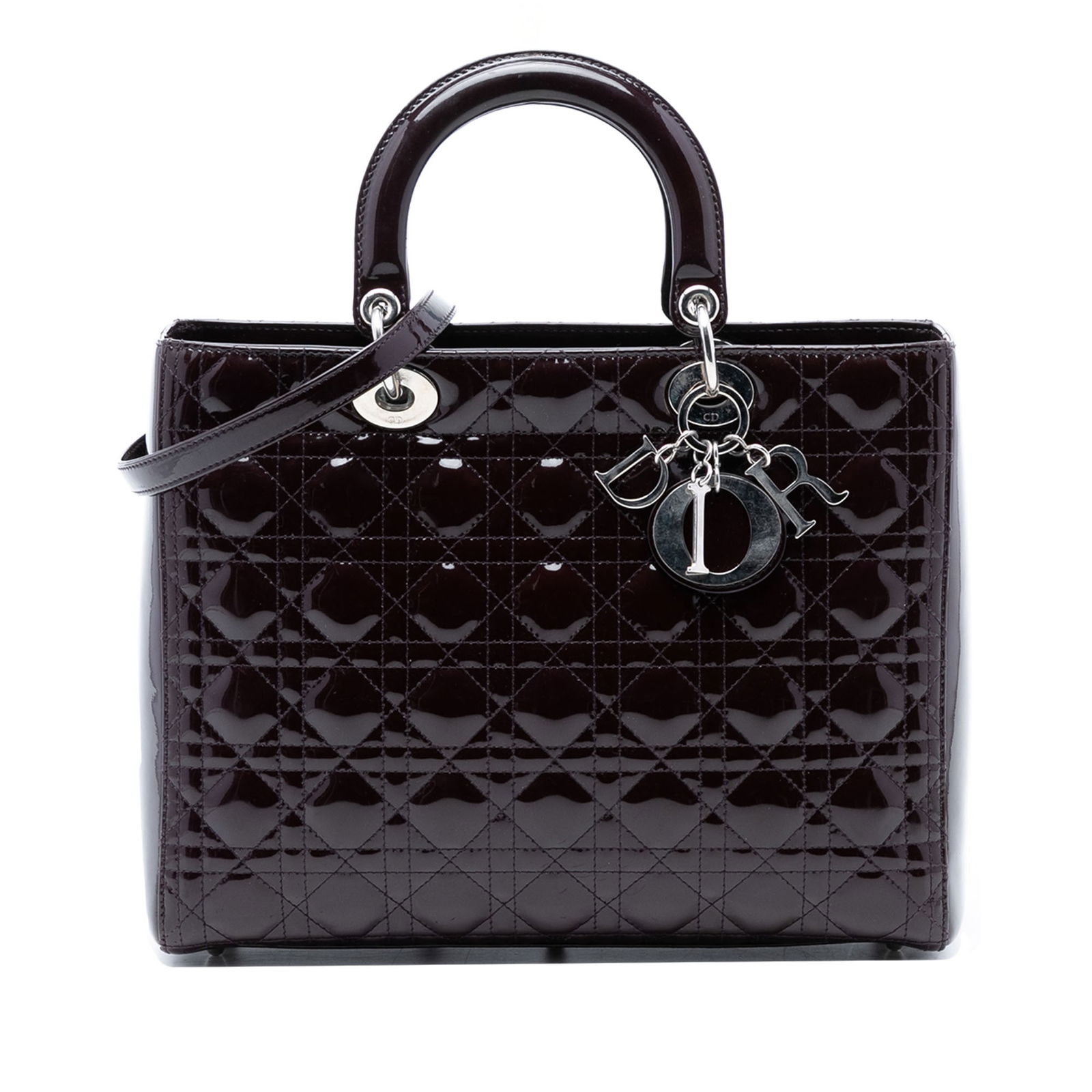 Dior Lady Dior Large Cannage Purple Patent Leather Shoulder Bag: Dior Lady Dior Large Cannage Purple Patent Leather Shoulder Bag This Large Patent Cannage Lady Dior handbag features a quilted patent leather exterior in purple, rolled top handles, and a detachable f