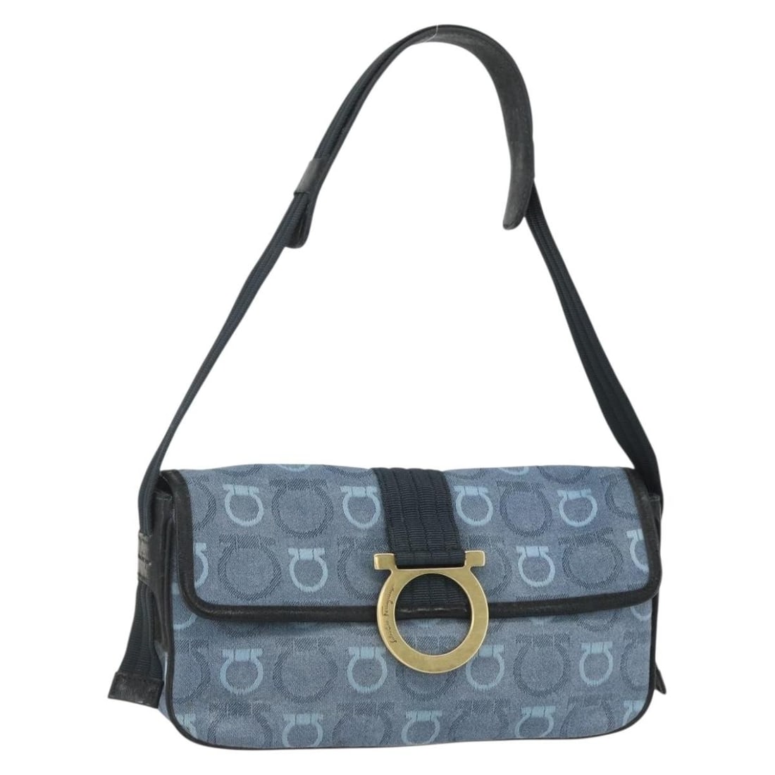 Gancini Canvas Shoulder Bag by Salvatore Ferragamo Blue: Gancini Canvas Shoulder Bag by Salvatore Ferragamo Blue This is a pre-owned Salvatore Ferragamo Gancini shoulder bag designed for women. Crafted from blue canvas, the bag shows signs of use, including