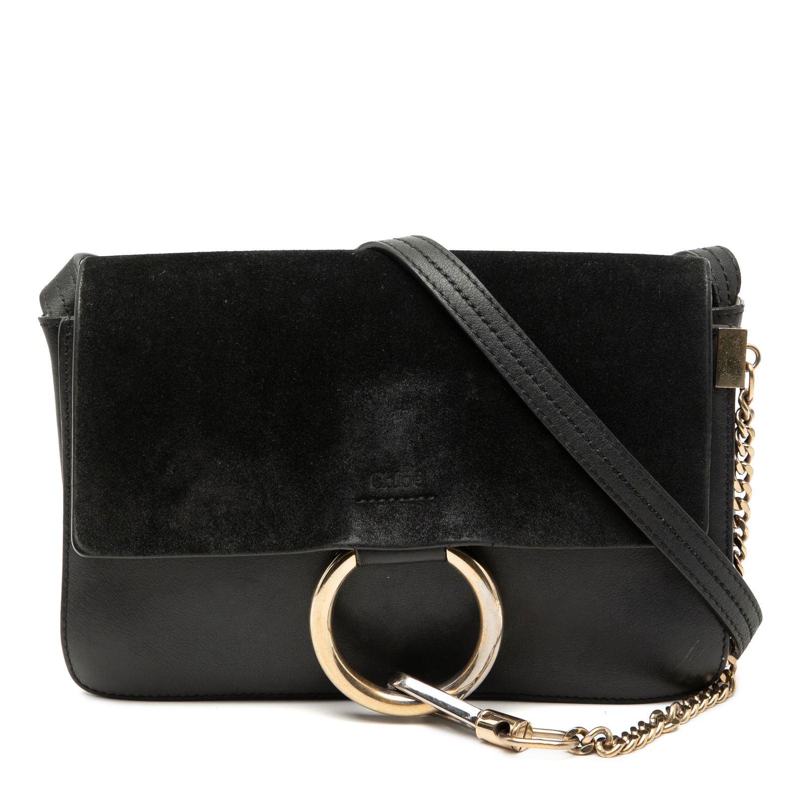 Chloe Faye Crossbody Bag Small Suede and Calf Leather Black: Chloe Faye Crossbody Bag Small Suede and Calf Leather Black This Chloe Small Faye Crossbody features a combination of suede and calf leather in black. The bag is designed with an adjustable flat leath