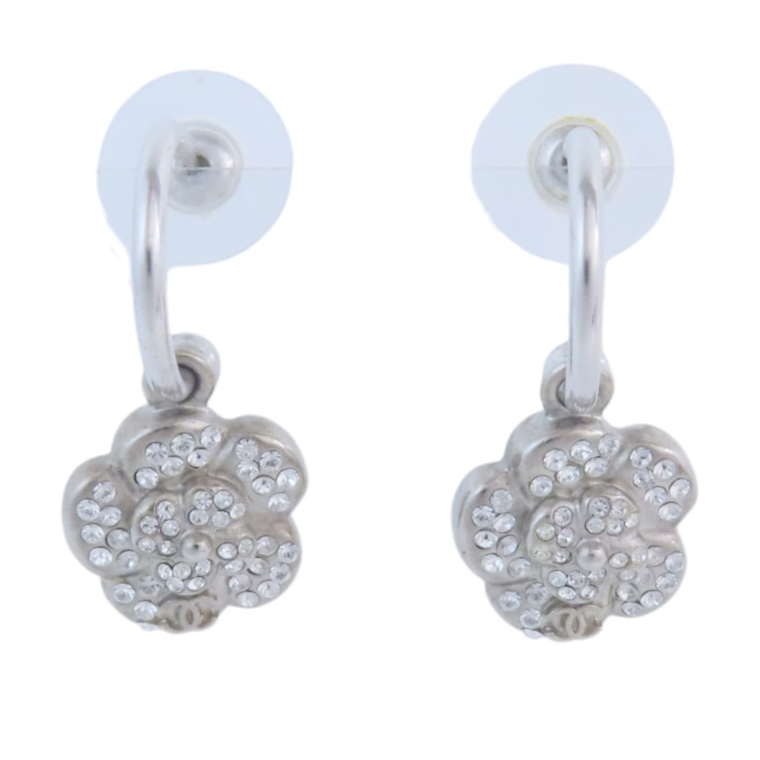 CHANEL CC SHW Pierced Earrings with Rhinestone Accents: CHANEL CC SHW Pierced Earrings with Rhinestone Accents Elevate your accessory collection with these stunning Chanel CC SHW Earrings from the 08A collection. These pierced earrings feature a sleek desi