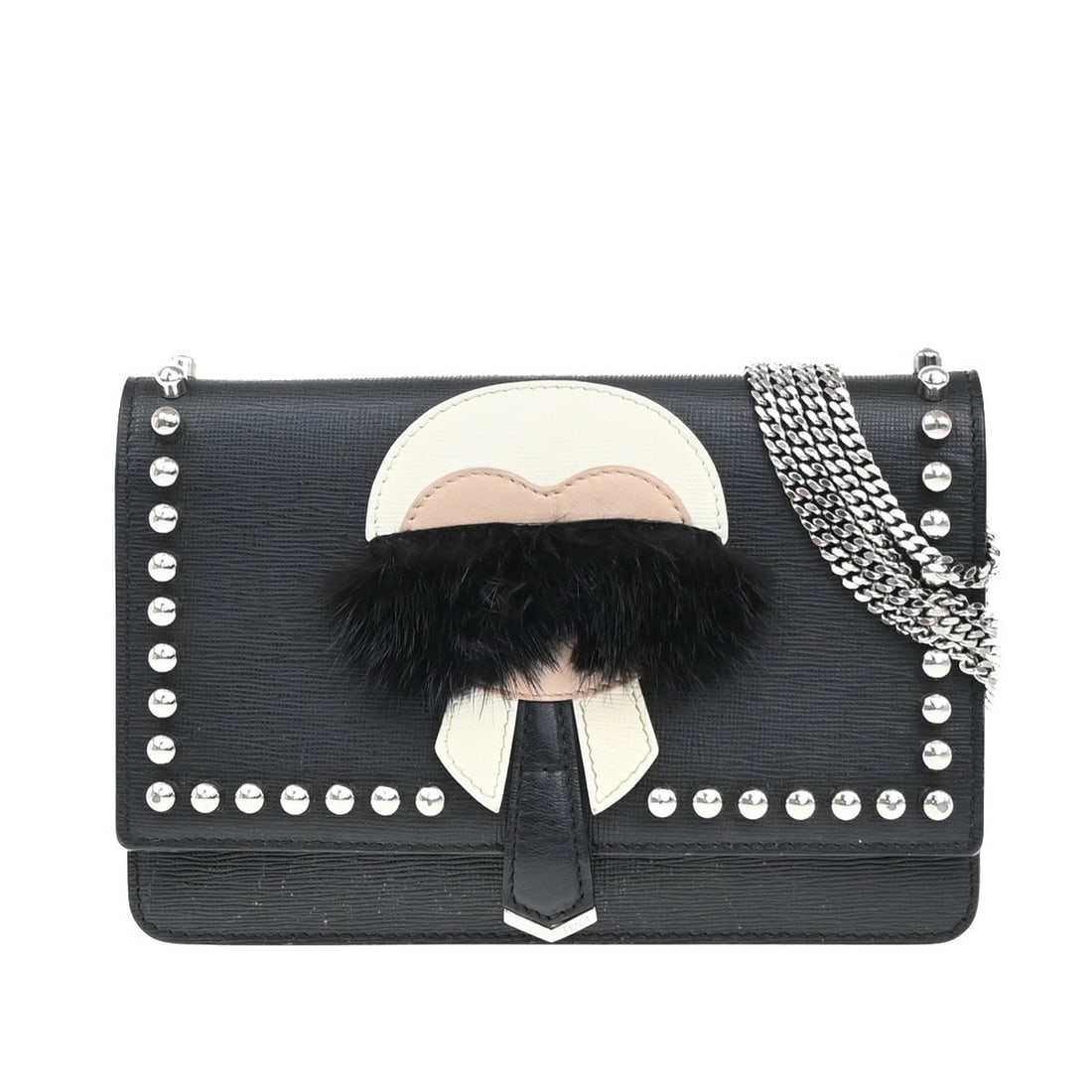 Fendi Black Studded Saffiano Leather Karlito Wallet on Chain: Fendi Black Studded Saffiano Leather Karlito Wallet on Chain This Fendi Karlito Wallet on Chain is crafted from black saffiano leather designed for women. It features a compact rectangular shape ideal