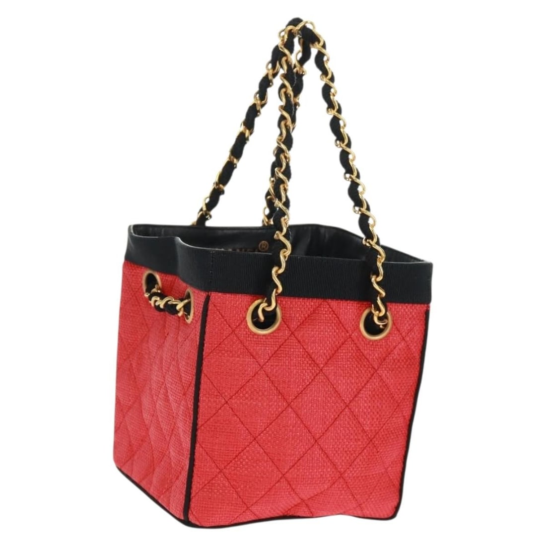 CHANEL Red Gold Raffia Chain Handbag with CC Logo and Wood Accents: CHANEL Red Gold Raffia Chain Handbag with CC Logo and Wood Accents This CHANEL chain handbag features a distinctive design crafted with wood and raffia in a striking red and gold color combination. Th