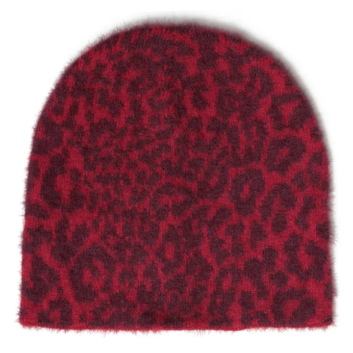 Maroon Beanie with Leopard Shag Pattern by Vague: Maroon Beanie with Leopard Shag Pattern by Vague This Vague Leopard Shag Maroon Beanie features a rich maroon color with a subtle leopard-shag texture. Designed to provide both warmth and comfort, it