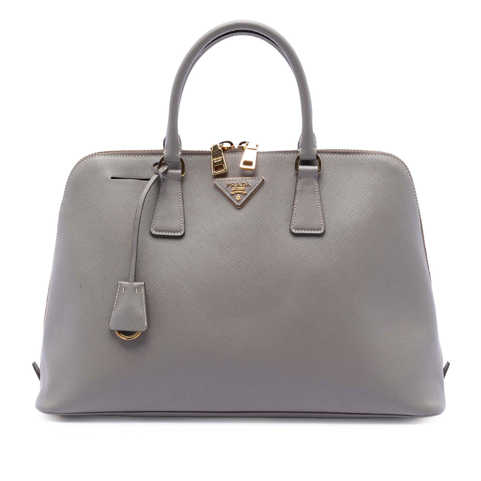 Prada Promenade Satchel Large Saffiano Lux Leather Gray Handbag: Prada Promenade Satchel Large Saffiano Lux Leather Gray Handbag This Prada Large Saffiano Lux Promenade Satchel features a saffiano lux leather body in gray, rolled leather handles, a top zip-around c