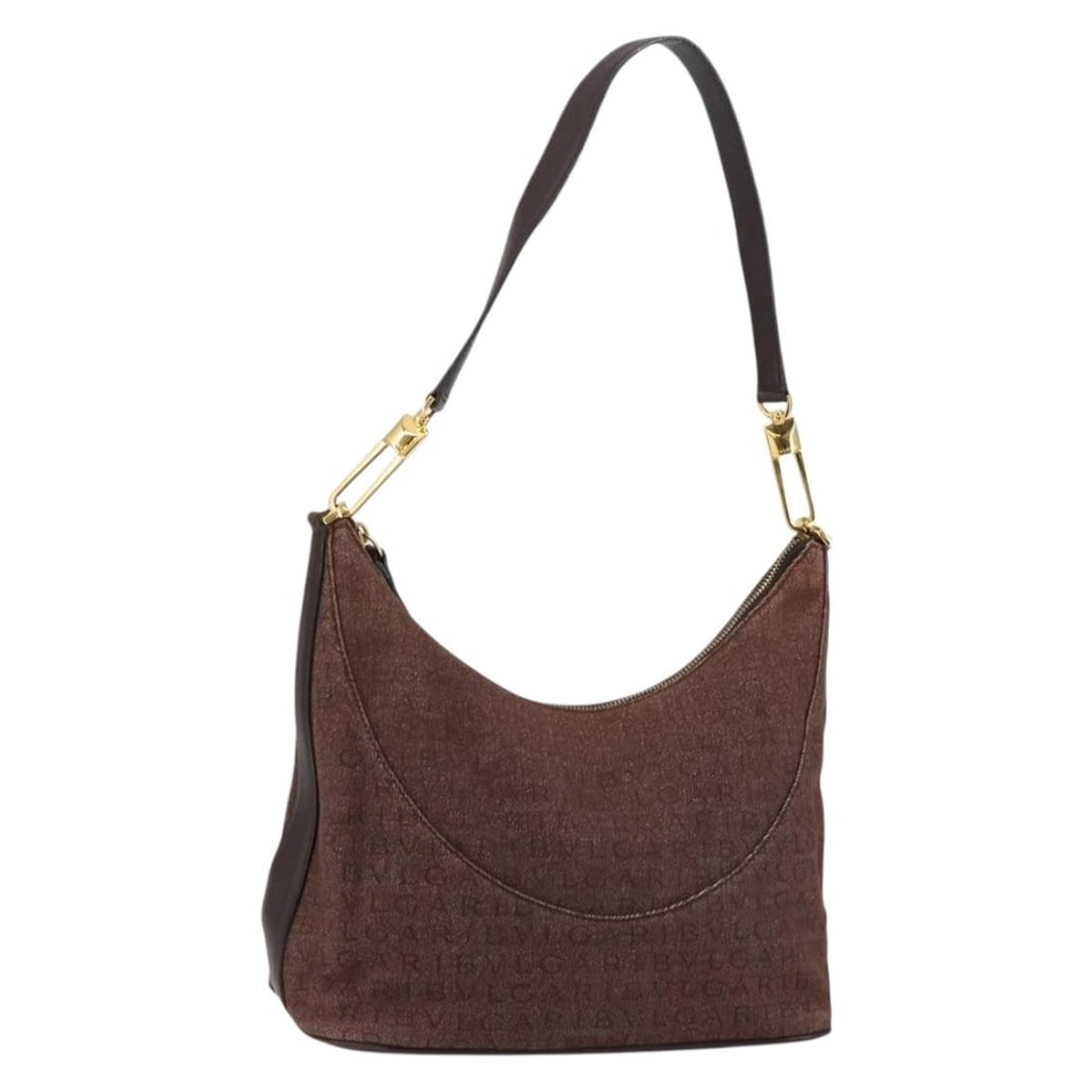 Bvlgari Logomania Canvas and Leather Brown Women's Shoulder Bag: Bvlgari Logomania Canvas and Leather Brown Women's Shoulder Bag The Bvlgari Logomania Shoulder Bag features a brown canvas exterior with leather accents. Designed for women, this pre-owned shoulder ba