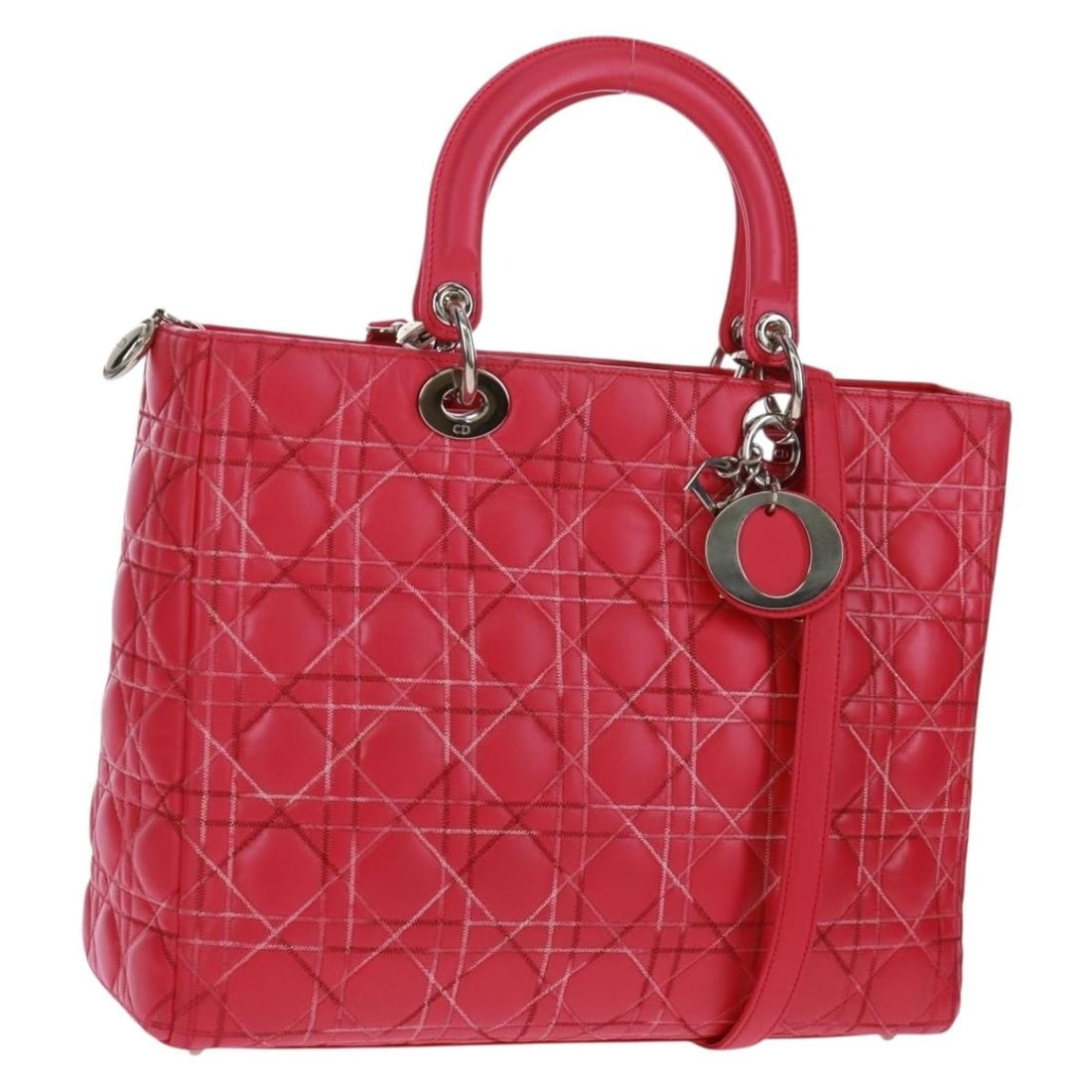 Lady Dior Pink Lambskin Two-Way Handbag with Silver Hardware and Strap: Lady Dior Pink Lambskin Two-Way Handbag with Silver Hardware and Strap This Christian Dior Lady Dior handbag features soft lambskin leather in pink with silver-tone accents. The bag offers both top ha