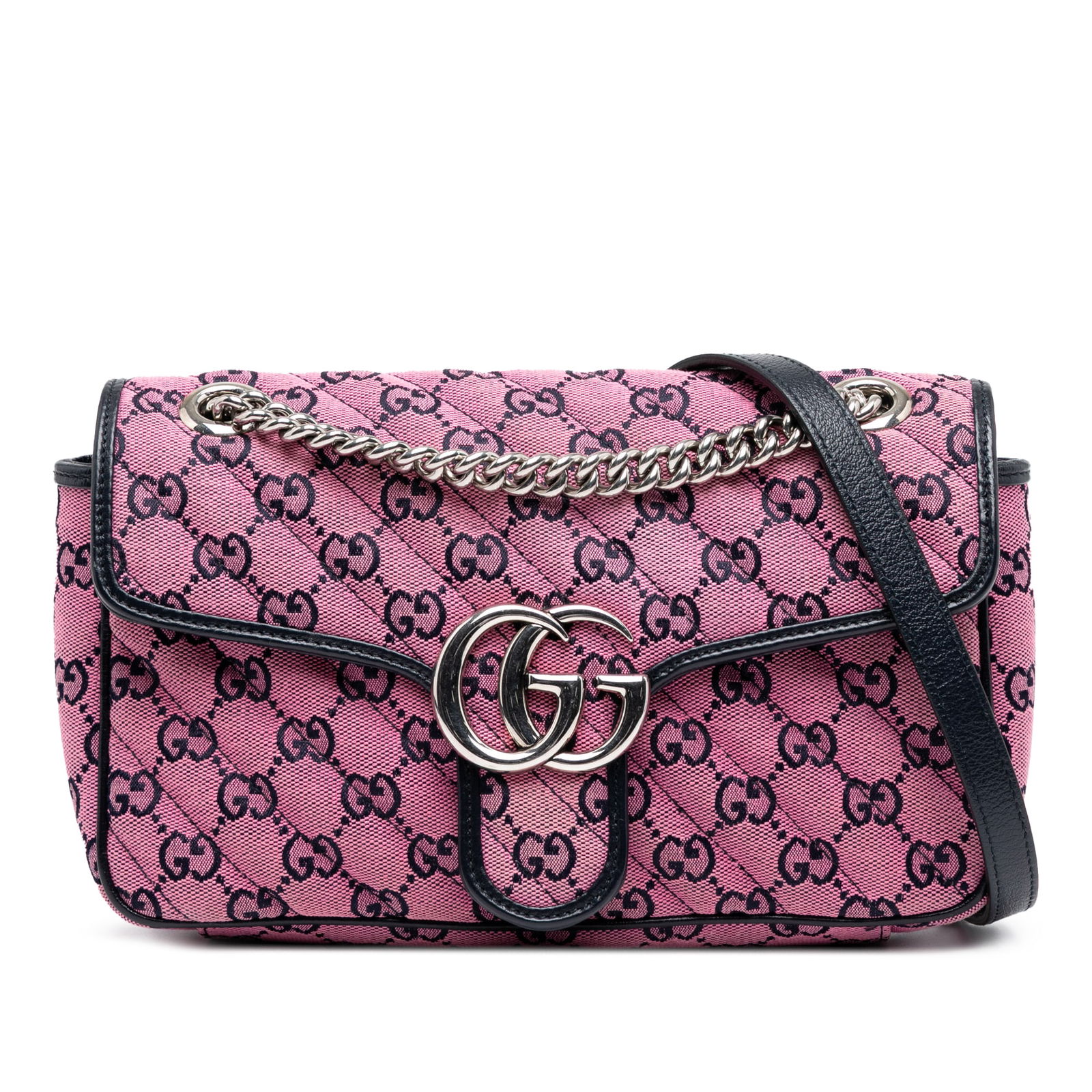 Gucci Medium GG Marmont Pink Canvas Shoulder Bag: Gucci Medium GG Marmont Pink Canvas Shoulder Bag This stunning Gucci Medium GG Marmont Matelasse Diagonal GG Canvas Shoulder Bag showcases an elegant design with a canvas body complemented by leather
