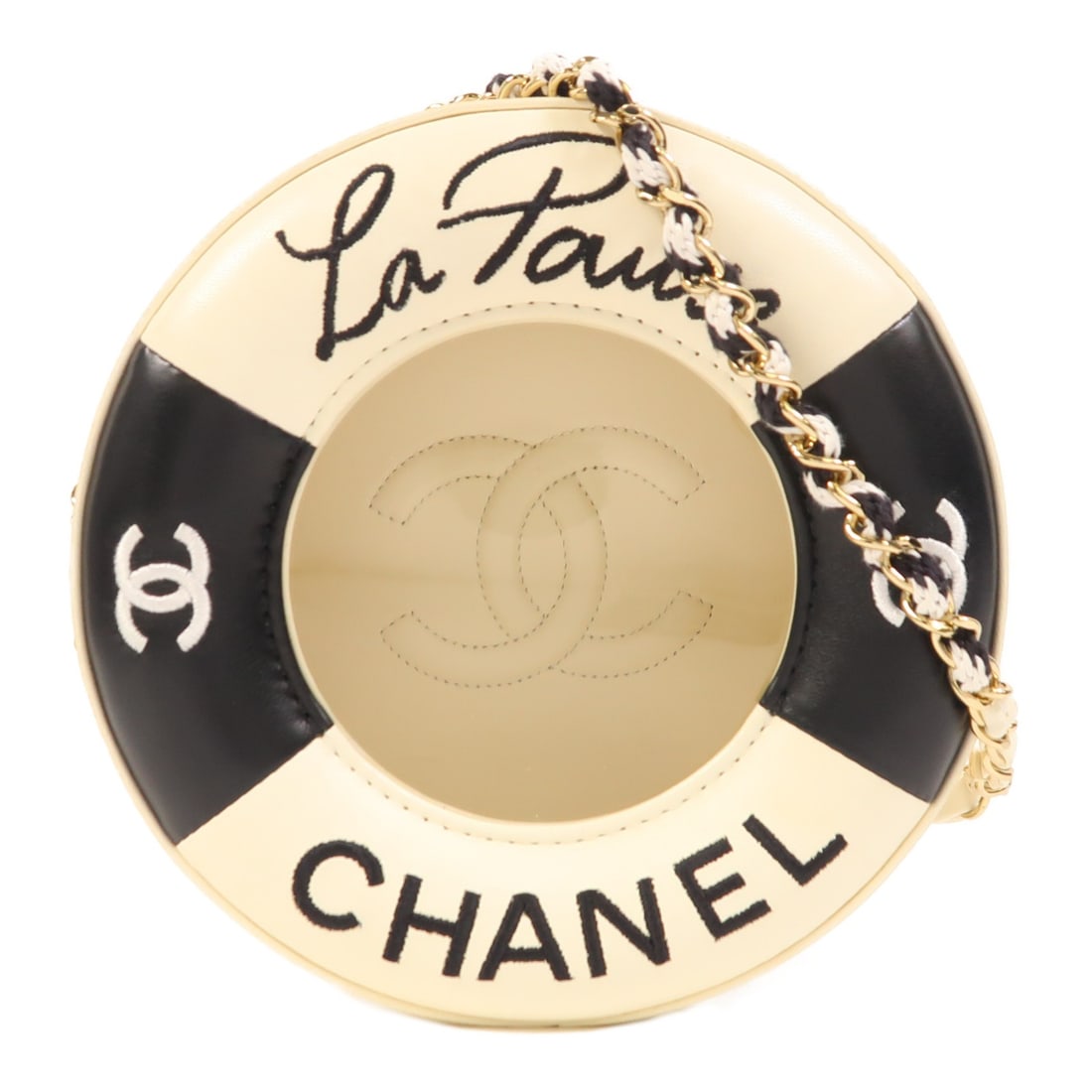 Chanel AS0209 Calfskin Leather White Black Shoulder Bag with CC and Gold Hardware: Chanel AS0209 Calfskin Leather White Black Shoulder Bag with CC and Gold Hardware This CHANEL shoulder bag features a distinctive white calfskin leather exterior with black accents and chain detailing