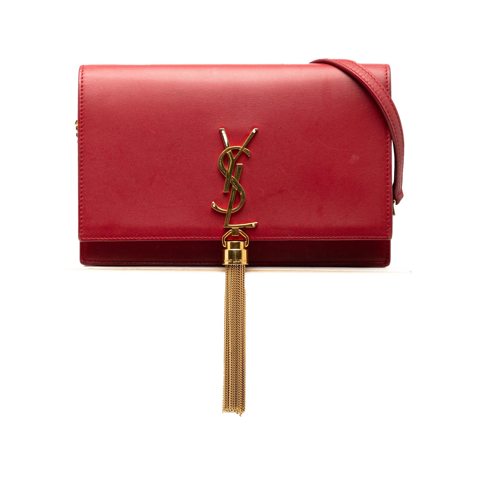 Saint Laurent Red Smooth Calfskin Kate Wallet on Chain with Tassel: Saint Laurent Red Smooth Calfskin Kate Wallet on Chain with Tassel Introducing the Saint Laurent Smooth Calfskin Monogram Kate Tassel Wallet on Chain, a stunning accessory that combines elegance and f