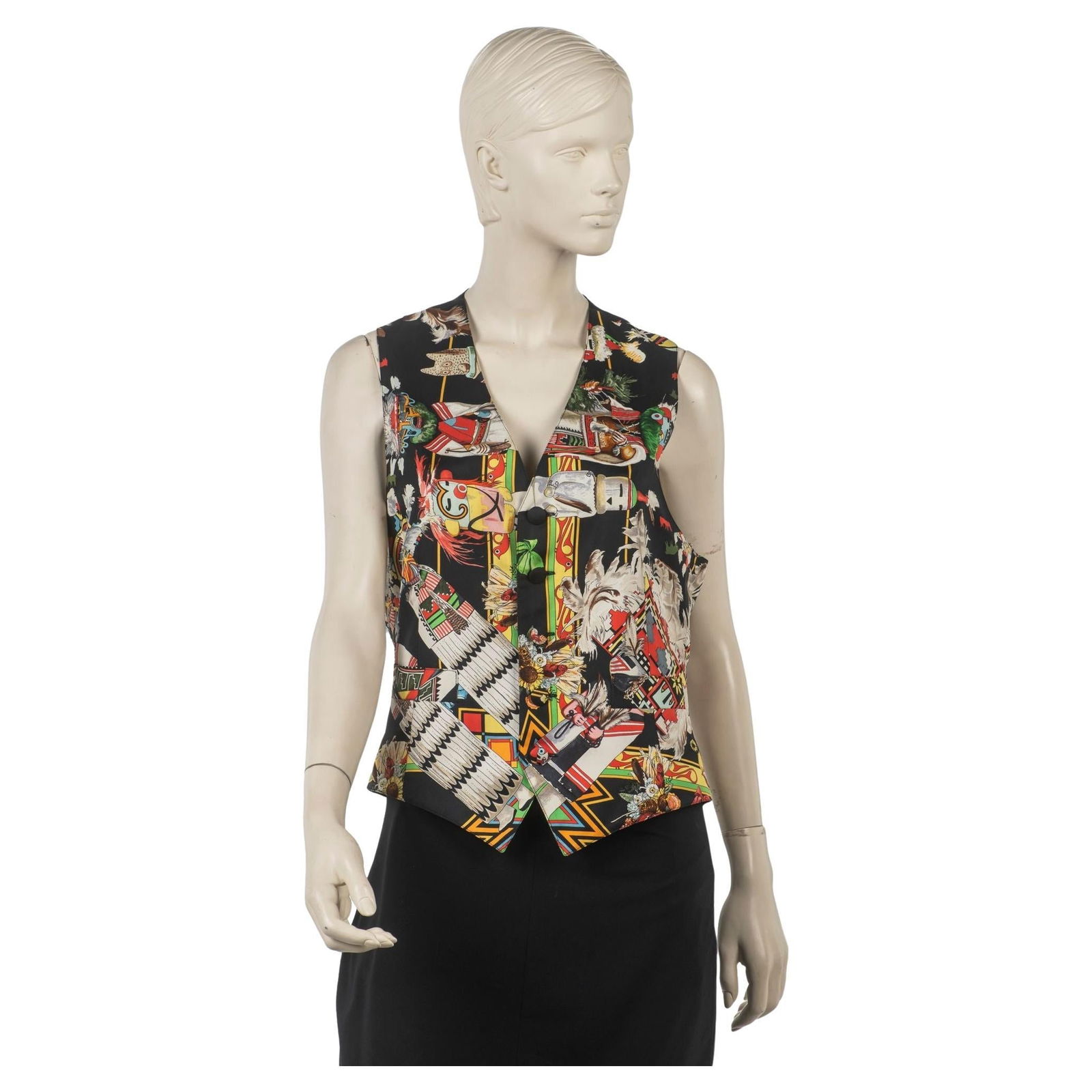 Hermes Kachinas Black Silk Vest by Kermit Oliver: Hermes Kachinas Black Silk Vest by Kermit Oliver Discover the exquisite Hermes Black Kachinas Printed Silk Vest, a unique collectible piece that embodies the artistry of American artist Kermit Oliver.