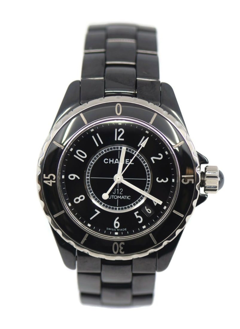Chanel J12 Black Ceramic Automatic Watch Ref H5697 with Box and Papers: Chanel J12 Black Ceramic Automatic Watch Ref H5697 with Box and Papers This exquisite Chanel J12 Black Ceramic Automatic Watch (Ref: H5697) combines elegance and functionality. Crafted with a stunning