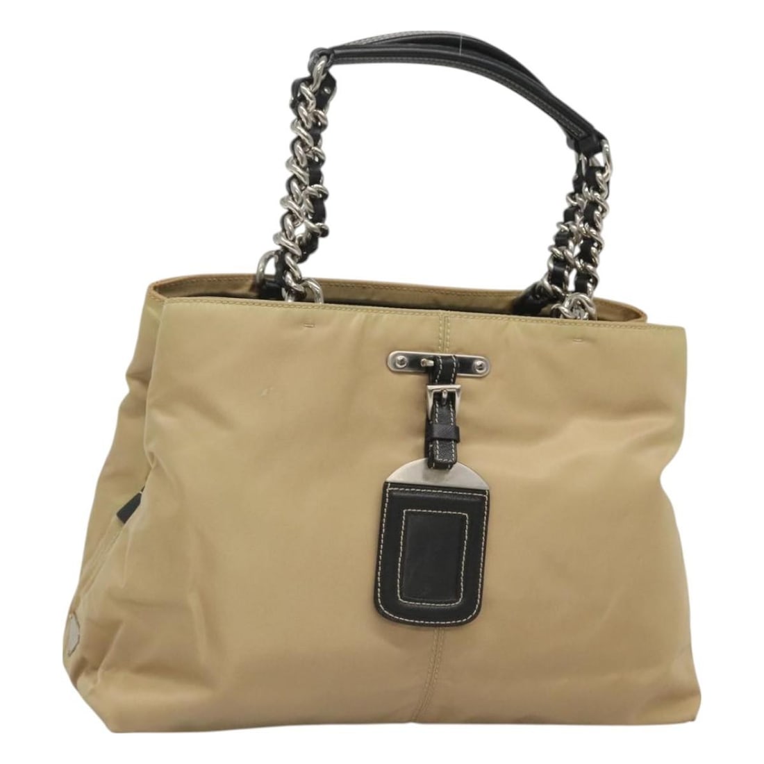 Beige Nylon Prada Quilted Tessuto Convertible Chain Tote: Beige Nylon Prada Quilted Tessuto Convertible Chain Tote This Prada Convertible Chain Tote for women features a beige nylon quilted tessuto exterior with chain and leather handles. The bag shows signs