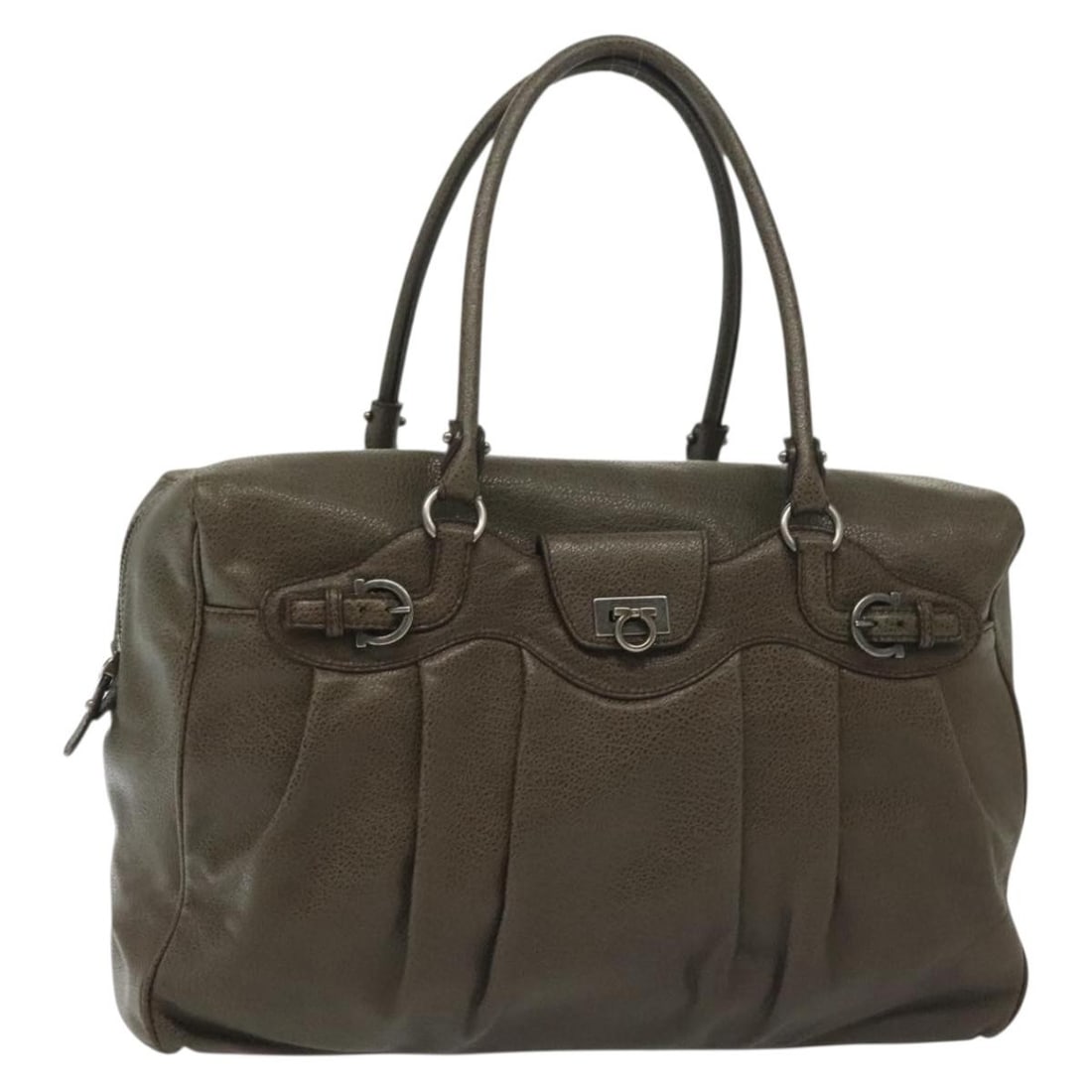 Salvatore Ferragamo Gancini Leather Hand Bag Khaki Silver Made in Italy: Salvatore Ferragamo Gancini Leather Hand Bag Khaki Silver Made in Italy This exquisite Salvatore Ferragamo Gancini Hand Bag combines elegance and functionality, crafted from high-quality leather in a