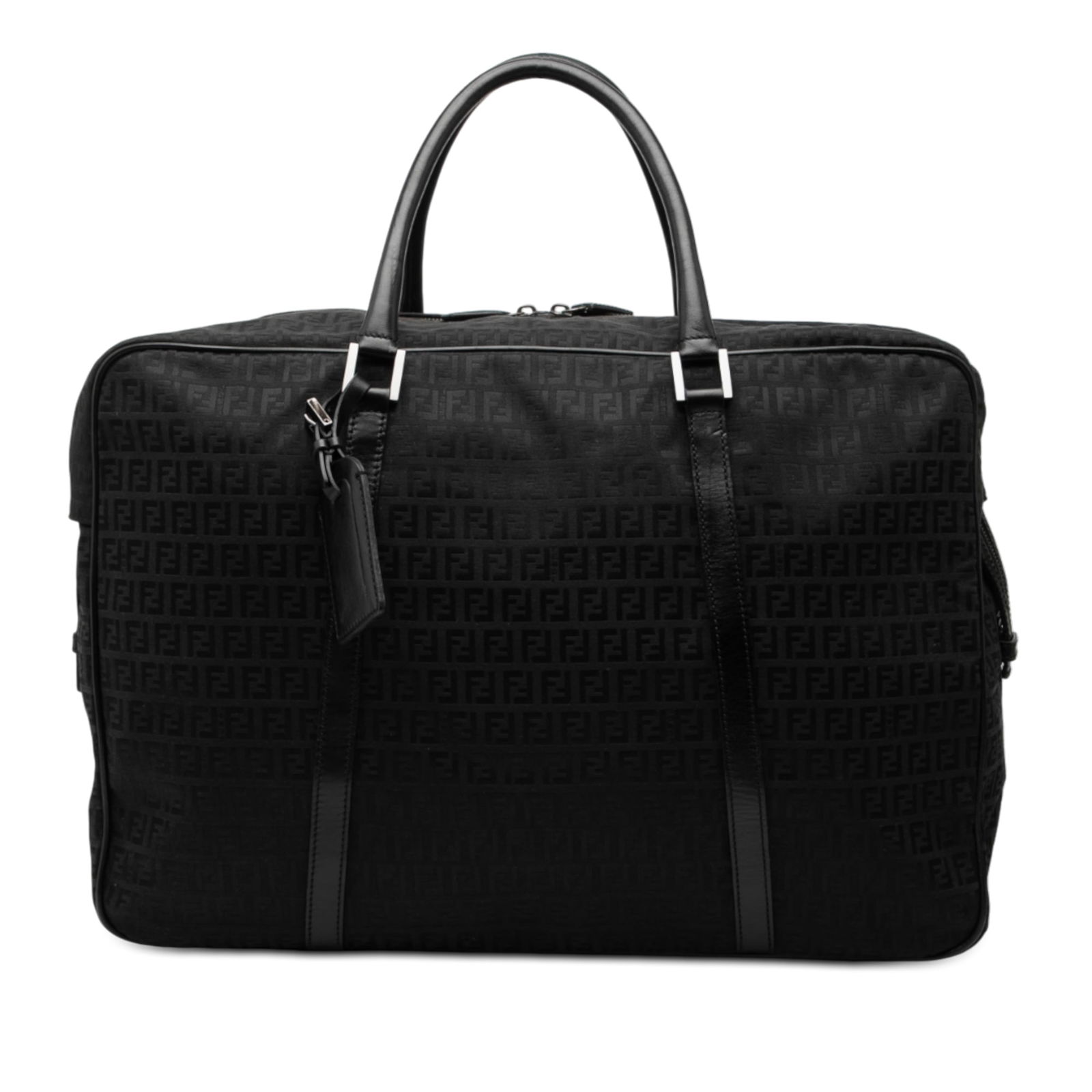 Fendi Zucchino Pattern Canvas Black Travel Tote with Leather Trim: Fendi Zucchino Pattern Canvas Black Travel Tote with Leather Trim This Fendi Zucchino Canvas Travel Bag features a canvas body with leather trim, rolled leather handles, a top zip closure, and an inte