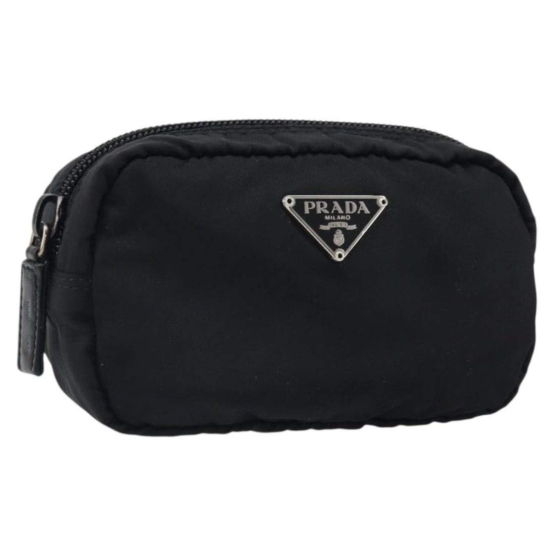 Black Nylon Pouch by Prada with Silver Tone Details and Guarantee Card: Black Nylon Pouch by Prada with Silver Tone Details and Guarantee Card This Prada pouch features a sleek black nylon exterior with silver-tone accents. Crafted in Italy, it offers a compact design sui