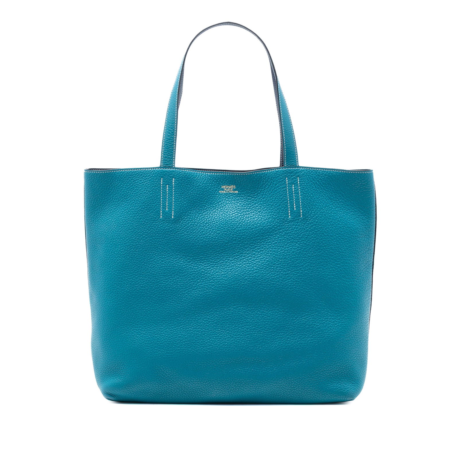 Hermes Double Sens 36 Clemence Blue Reversible Leather Tote Bag: Hermes Double Sens 36 Clemence Blue Reversible Leather Tote Bag This Hermes Double Sens 36 tote bag features a reversible leather design in Blue Izmir and Blue Saphir, complemented by flat leather str