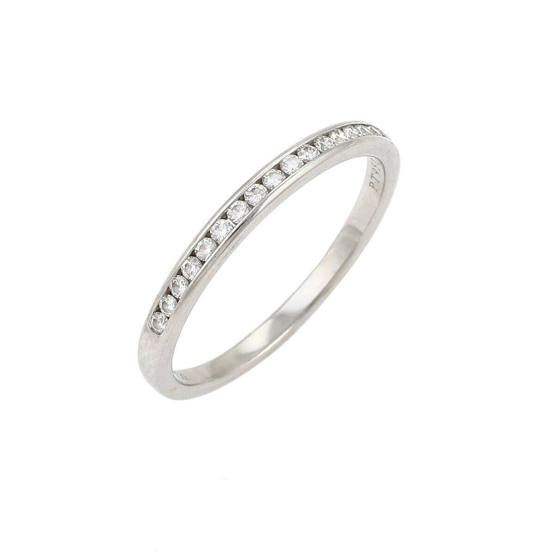Platinum Diamond Channel Band by Tiffany Half Circle 2.5mm Size 9: Platinum Diamond Channel Band by Tiffany Half Circle 2.5mm Size 9 This Tiffany & Co. channel set diamond half circle band ring features a 2.5mm wide platinum band with a half circle of sparkling diamo