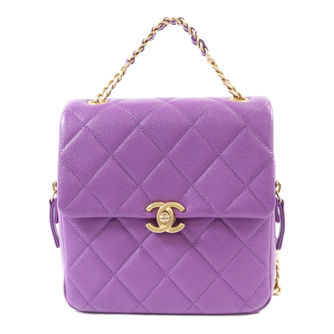 Chanel Purple Calfskin CC Backpack with Gold Hardware: Chanel Purple Calfskin CC Backpack with Gold Hardware This CHANEL rucksack backpack is crafted from purple calfskin leather and features the iconic CC design. The bag is equipped with gold tone hardwa