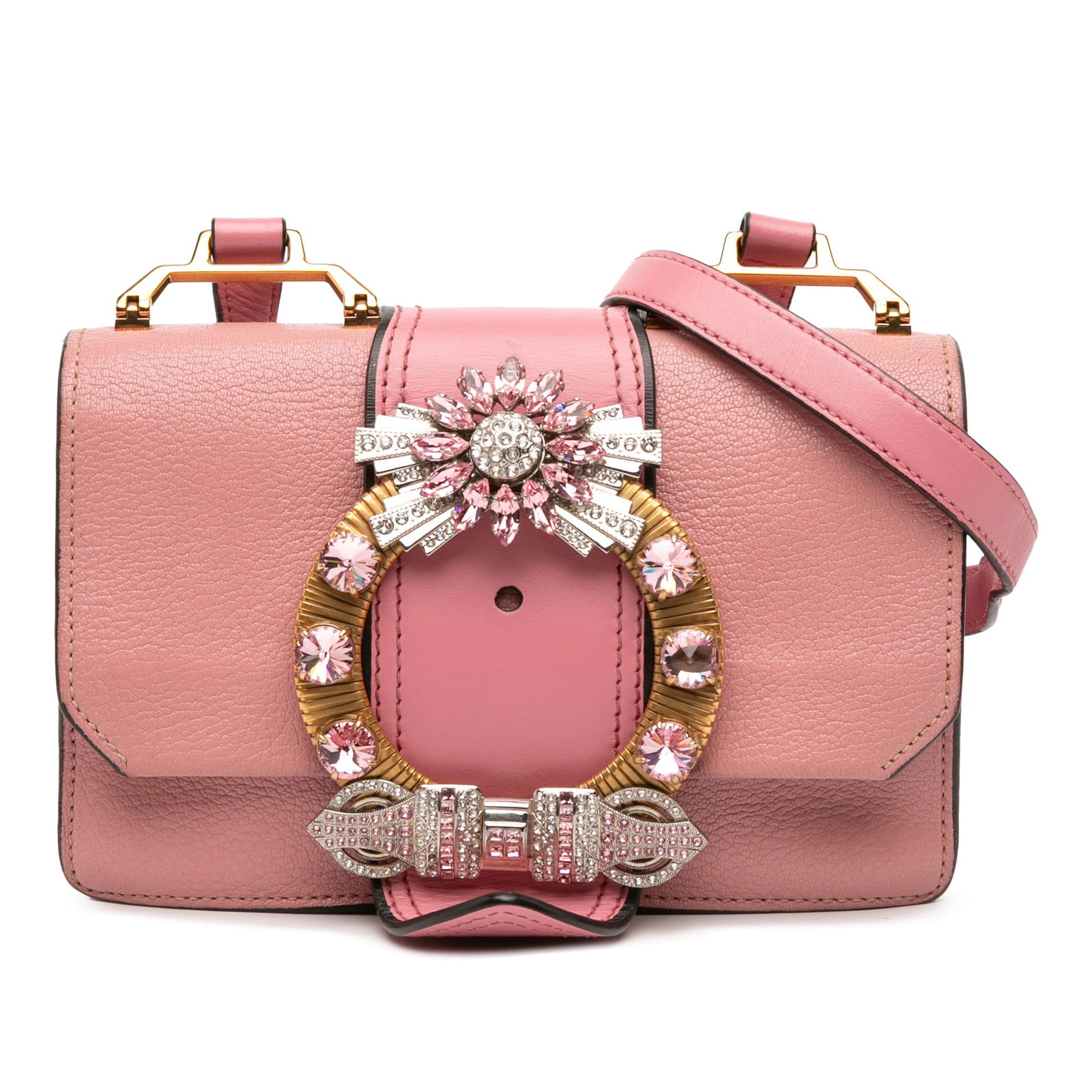 Miu Miu Pink Goatskin Madras Crystal Crossbody Bag: Miu Miu Pink Goatskin Madras Crystal Crossbody Bag Introducing the Miu Miu Goatskin Madras Soft Calf Crystal Embellished Crossbody, a stylish accessory that effortlessly combines luxury and practicali