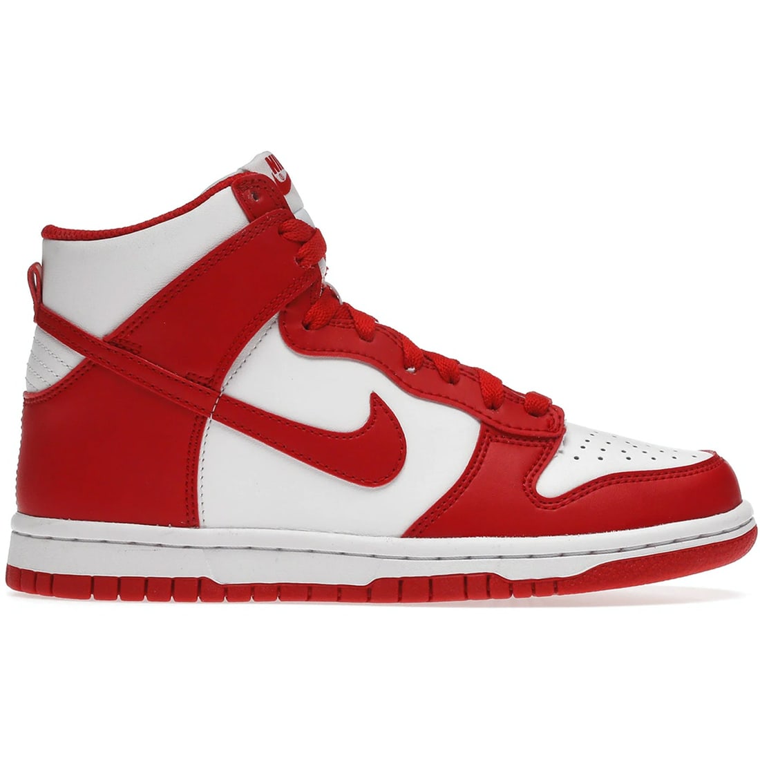 Dunk High Grade School Sneakers in University Red by Nike: Dunk High Grade School Sneakers in University Red by Nike The Nike Dunk High University Red (GS) sneakers feature a classic high-top silhouette in a bold university red and white colorway. This pair i