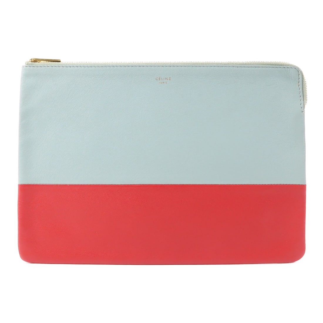 CELINE GHW Light Blue Red Calfskin Leather Pouch: CELINE GHW Light Blue Red Calfskin Leather Pouch This elegant CELINE pouch is crafted from premium calfskin leather in a soothing light blue color, complemented by red accents. Designed for everyday u
