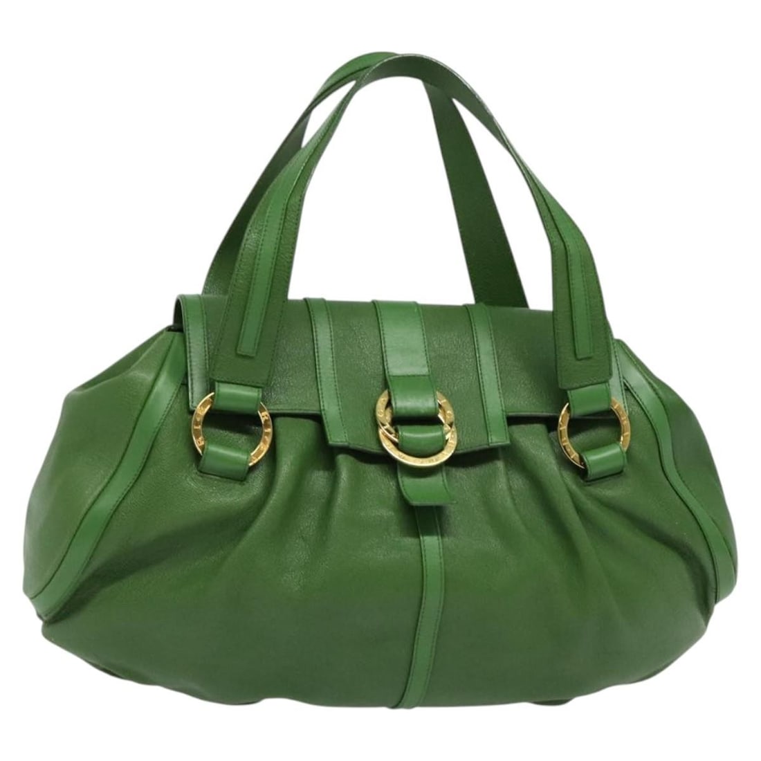 BVLGARI Chandra Leather Hand Bag Gold Green Italy Auth 119194 (1 of 18)