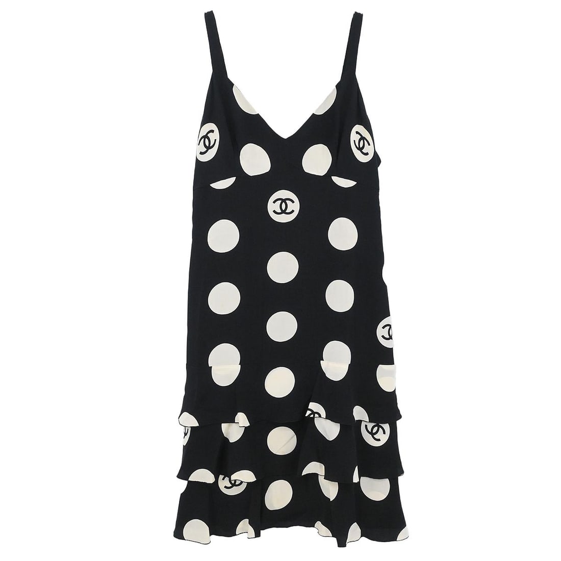 Black Silk Knee-Length Camisole Dress by Chanel 97P Size 36: Black Silk Knee-Length Camisole Dress by Chanel 97P Size 36 This vintage Chanel camisole dress features a sleeveless silhouette, crafted from 100% silk in black and white. Designed for casual occasion