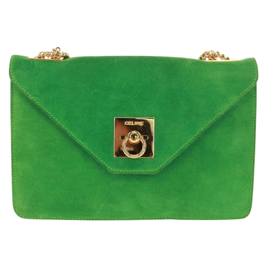 Celine Green Suede Vintage Shoulder Bag for Women: Celine Green Suede Vintage Shoulder Bag for Women This Celine vintage shoulder bag is crafted from green suede and designed for women. The bag features minor signs of use, including slight rubbing and