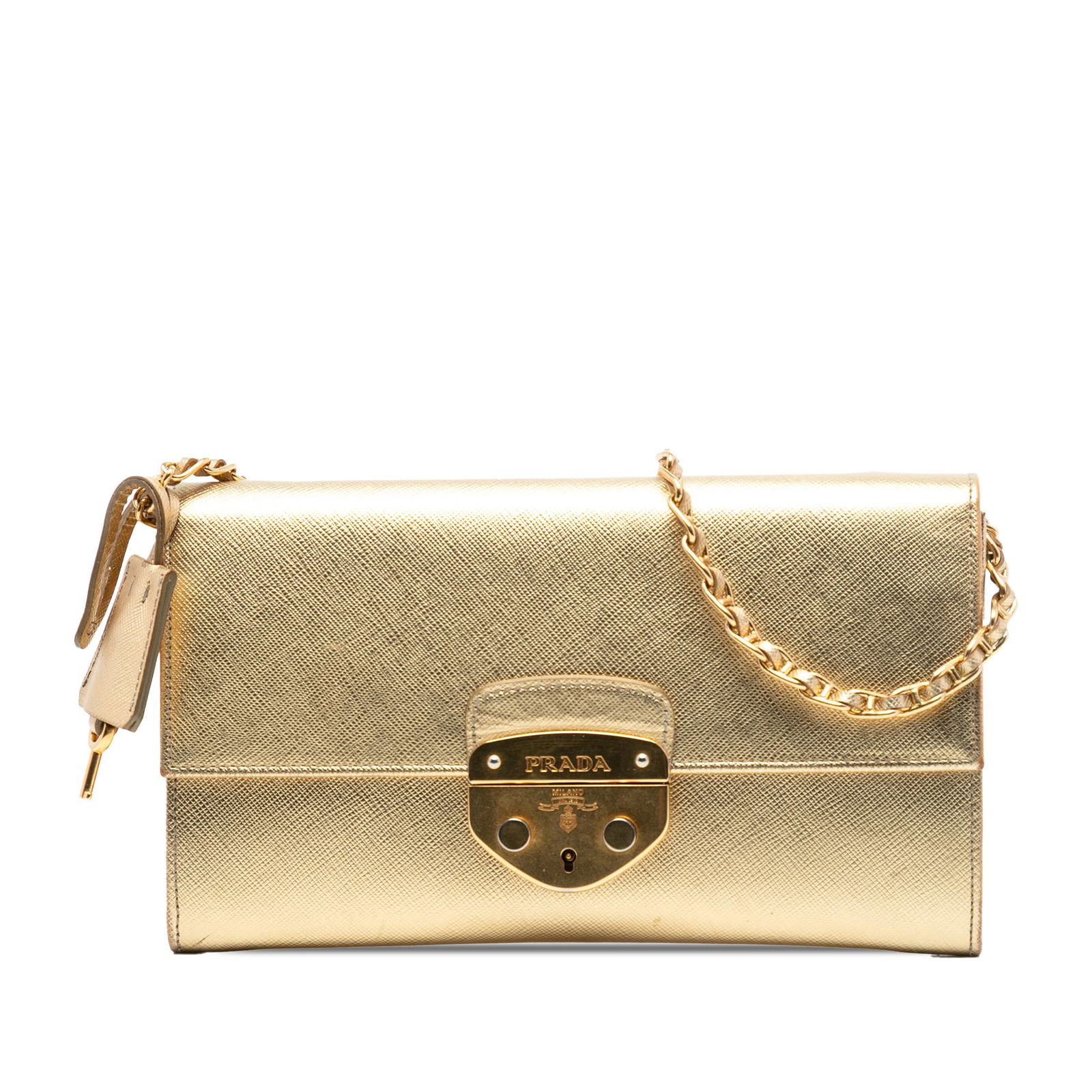 Prada Saffiano Gold Leather Chain Wallet with Sound Lock Closure: Prada Saffiano Gold Leather Chain Wallet with Sound Lock Closure This Prada Saffiano Sound Lock Wallet on Chain is crafted from saffiano leather and features a chain link strap, a flap with a push loc