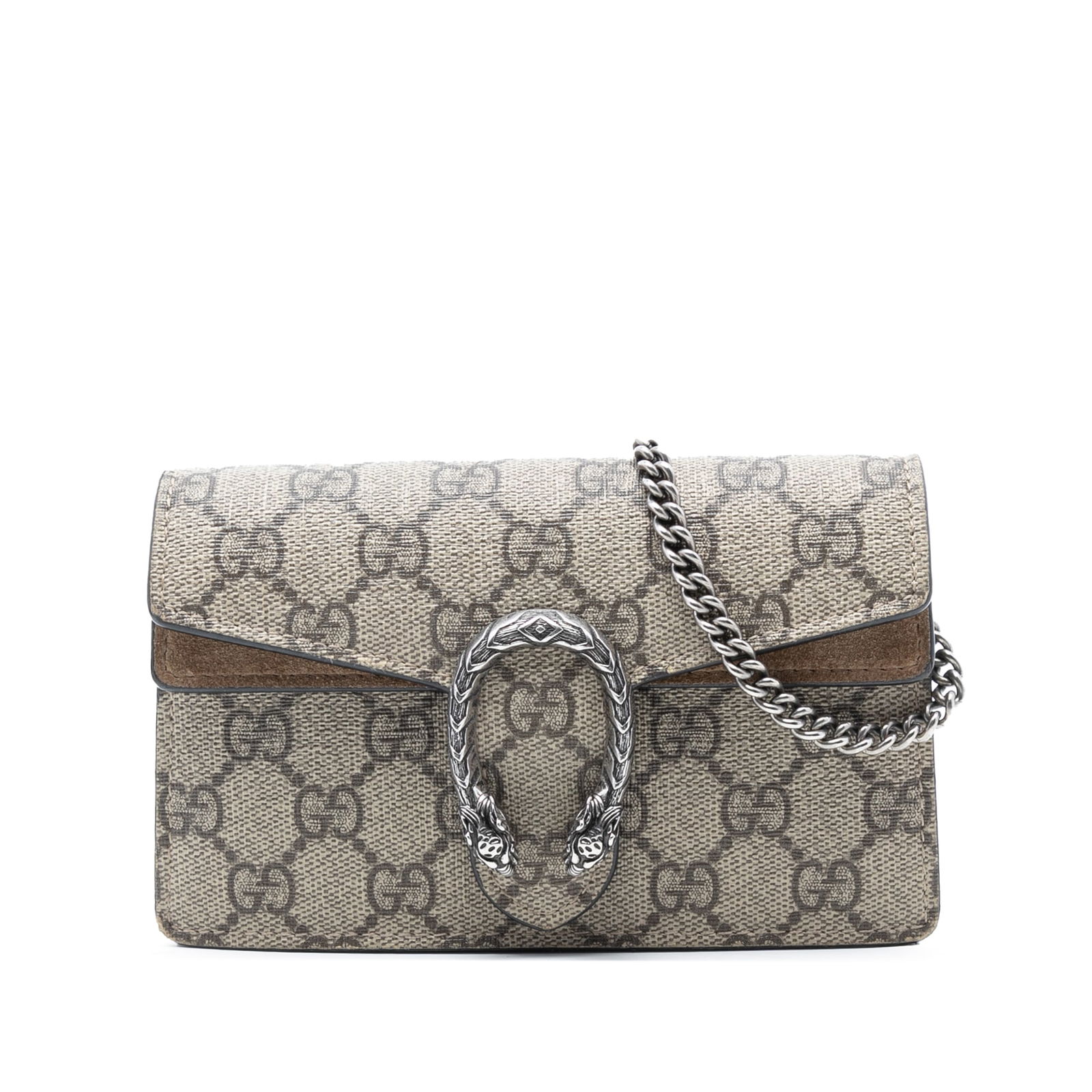 Mini Dionysus GG Supreme Canvas Crossbody Bag by Gucci: Mini Dionysus GG Supreme Canvas Crossbody Bag by Gucci This Gucci Mini GG Supreme Dionysus Crossbody bag features a canvas body with suede leather trim, a silver-tone chain link strap, and a top flap