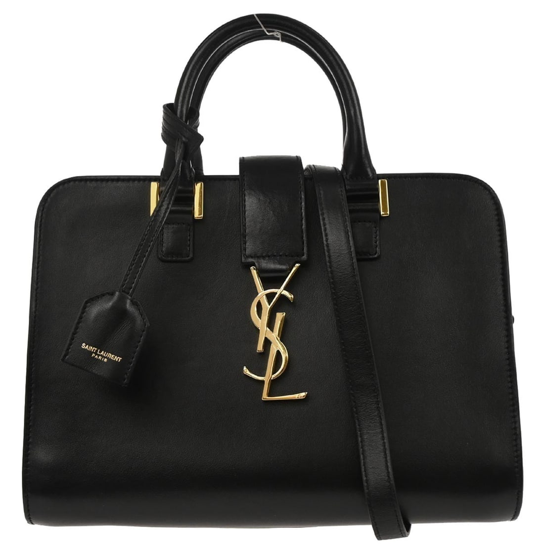 Black Leather Baby Cabas Top Handle Bag by Saint Laurent: Black Leather Baby Cabas Top Handle Bag by Saint Laurent This Saint Laurent Baby Cabas is a small black leather handbag designed for casual occasions. It features double handles, a top handle style, a