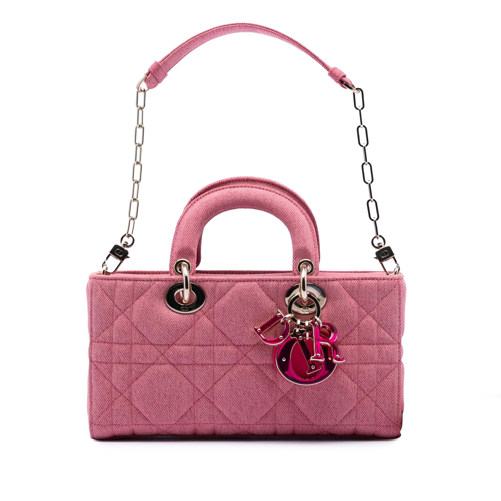 Lady D Joy Medium Pink Denim Macrocannage Quilted Shoulder Bag by Dior: Lady D Joy Medium Pink Denim Macrocannage Quilted Shoulder Bag by Dior This Dior Medium Denim Macrocannage Lady D Joy bag features a quilted pink denim body with flat top handles, a detachable chain l