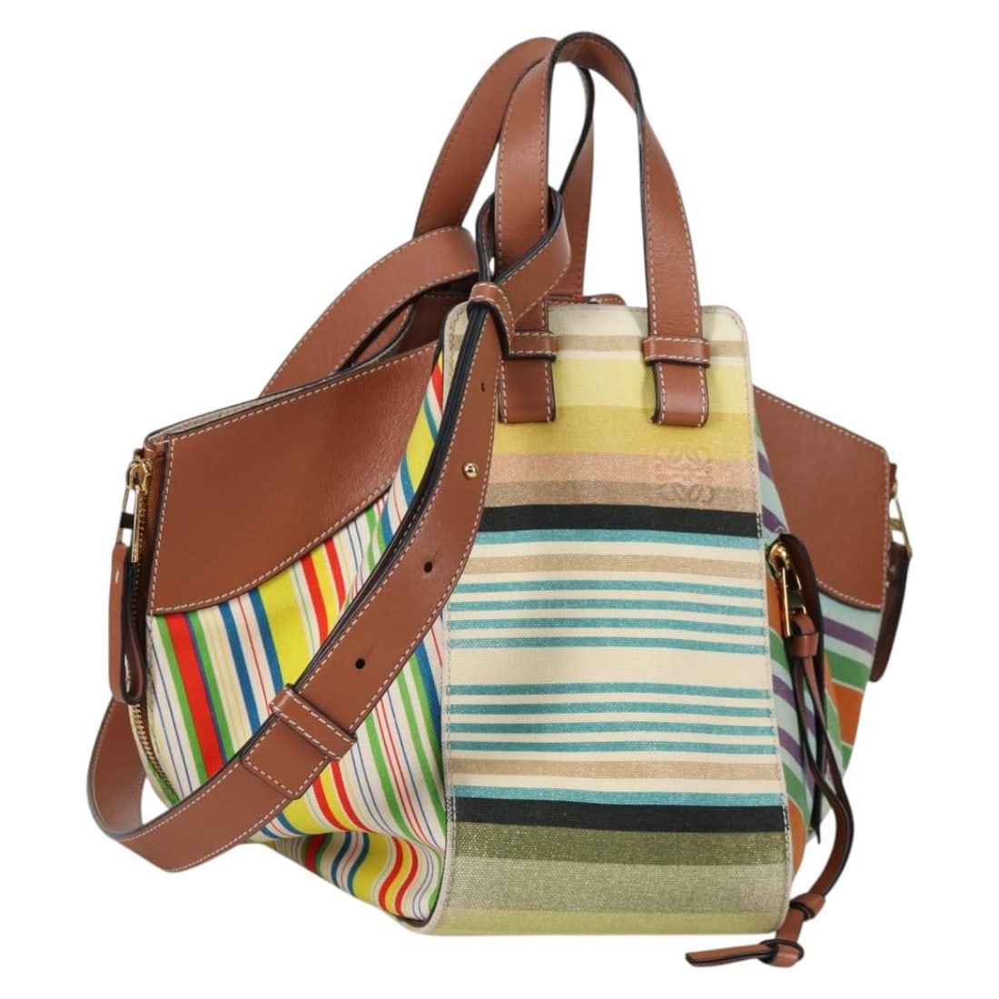 Loewe Hammock Multicolor Canvas Handbag with Printed Design: Loewe Hammock Multicolor Canvas Handbag with Printed Design This Loewe Hammock Bag features a printed multicolour canvas design, designed for women. The bag is crafted in Spain and offers both exterio