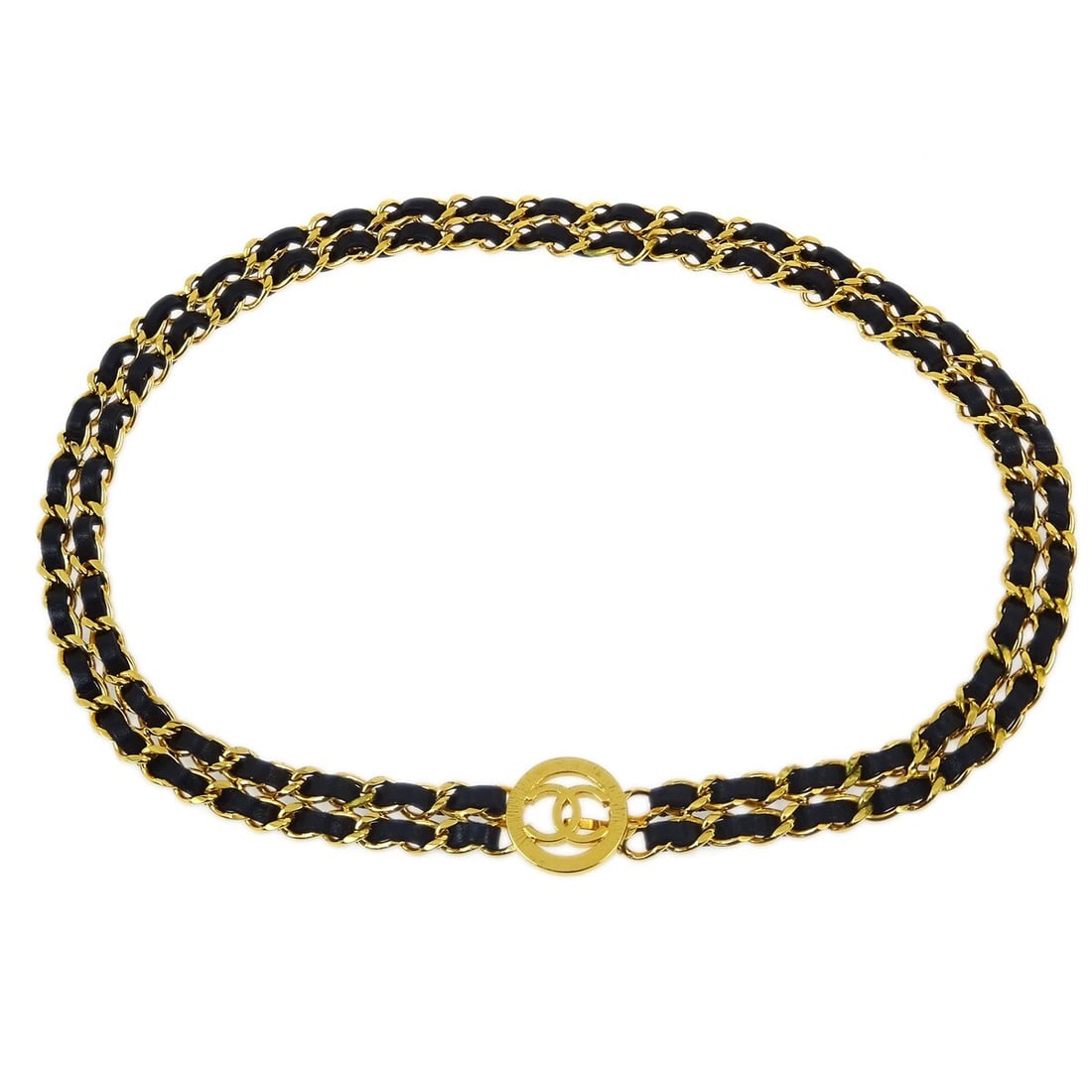 Chanel Black Leather Gold-Plated Chain Belt Statement Accessory: Chanel Black Leather Gold-Plated Chain Belt Statement Accessory Elevate your accessory collection with this exquisite Chanel Chain Belt. Featuring a stunning combination of black leather and gold-plat