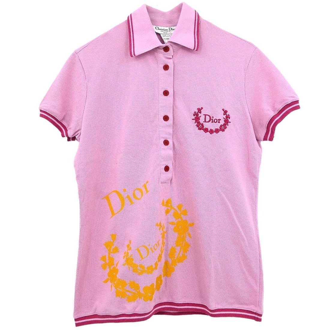 Dior Pink Cotton Short Sleeve Collared T-Shirt Size 44: Dior Pink Cotton Short Sleeve Collared T-Shirt Size 44 Elevate your casual wardrobe with this stylish Christian Dior Short Sleeve Top. Featuring a collared neckline and crafted from 100% cotton, this