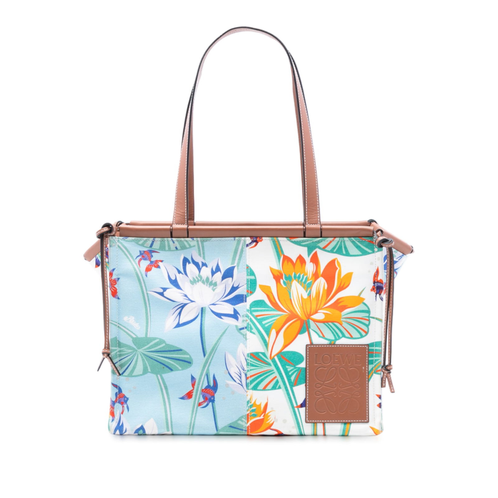 Loewe Paulas Ibiza Small Tote Bag with Waterlily Canvas Print: Loewe Paulas Ibiza Small Tote Bag with Waterlily Canvas Print This LOEWE Paula's Ibiza Small Canvas Cushion Tote features a green waterlily print on a fabric body, complemented by a leather top panel