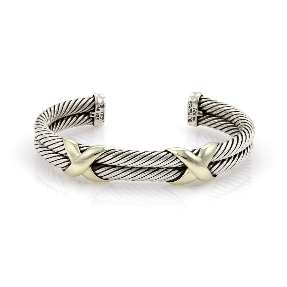 David Yurman Cuff Bracelet 14k Yellow Gold & Sterling Silver Double Cable Design: David Yurman Cuff Bracelet 14k Yellow Gold & Sterling Silver Double Cable Design This exquisite cuff bracelet by David Yurman features a stunning combination of 925 sterling silver and 14k yellow gold