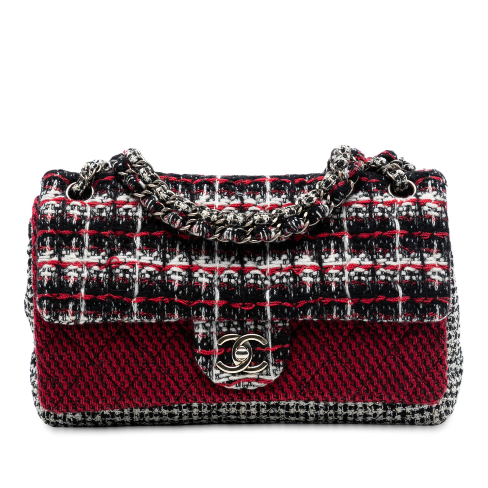 Chanel Medium Tweed Double Flap Shoulder Bag with CC Logo: Chanel Medium Tweed Double Flap Shoulder Bag with CC Logo This Chanel Medium CC Tweed Multi Print Double Flap shoulder bag showcases a vibrant tweed body with a woven leather chain strap. It features